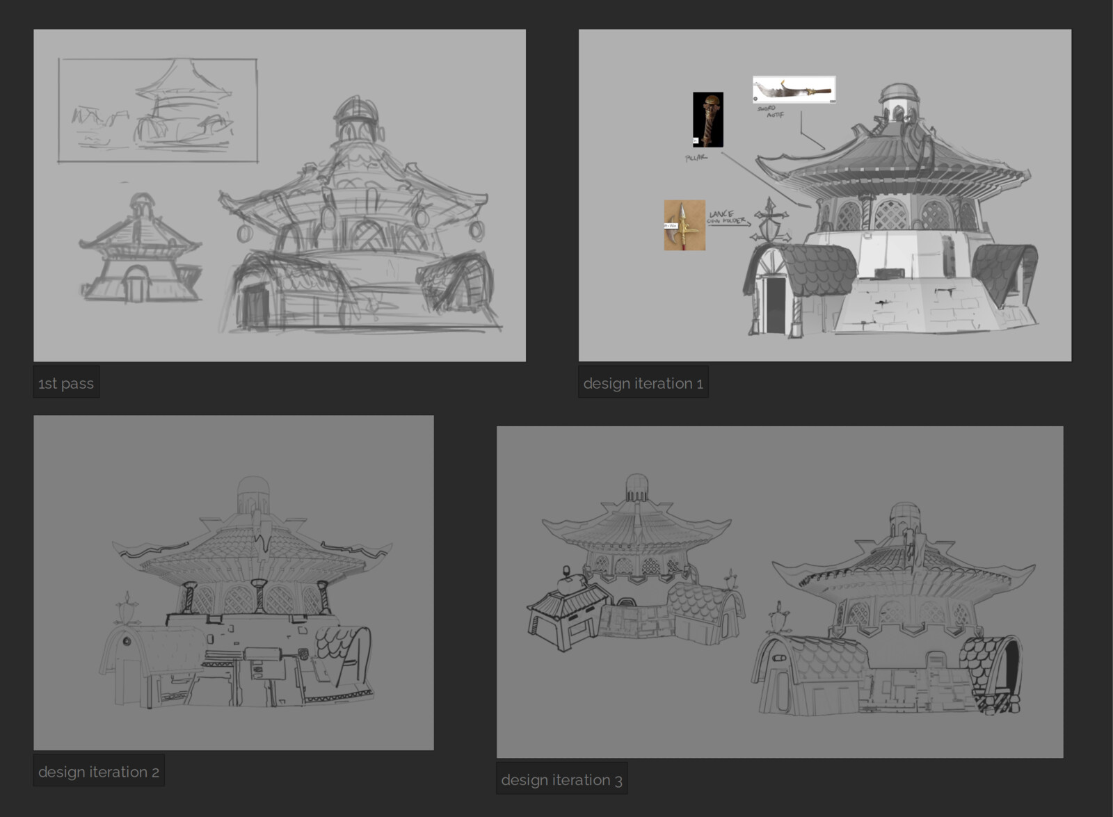 To be more efficient in designing, I go back to photoshop to do iterations on top of the milestones I achieve in 3D. This way, I'm not caught up with the technical limitations in 3D and maintain the design process as raw as possible.
