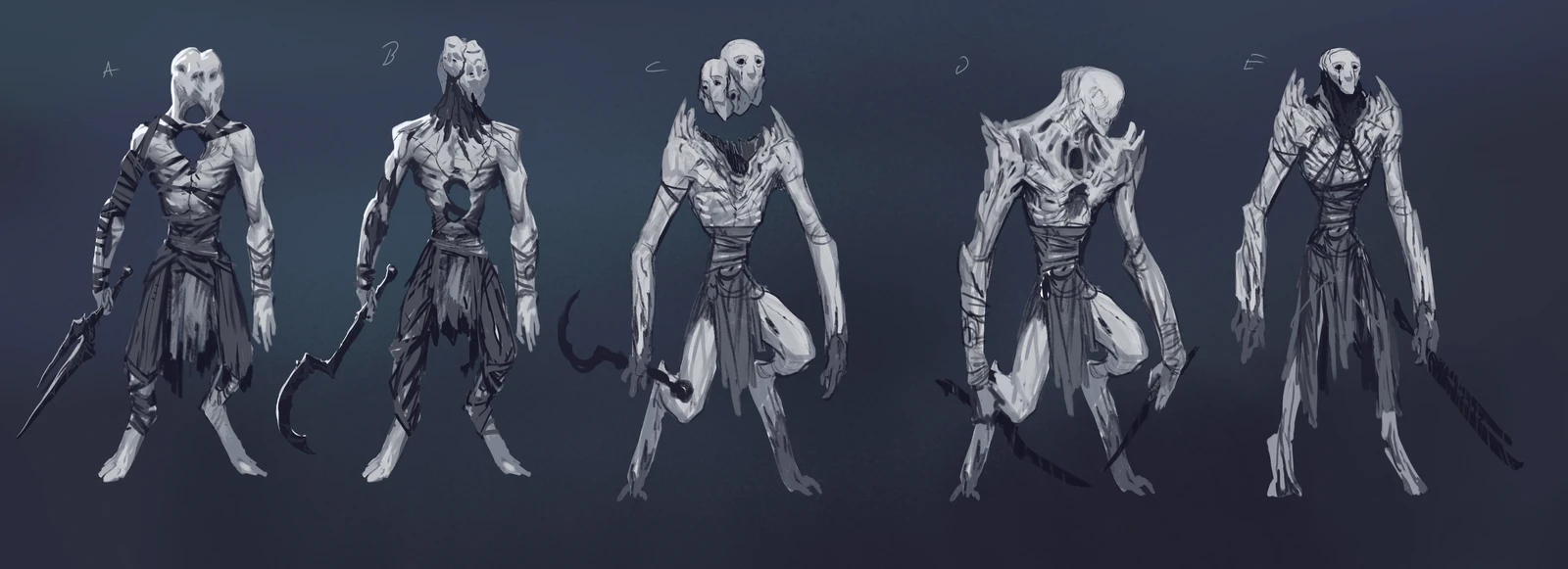 Second set of rough sketches, honing in on its gaunt proportions and weird mask-ness.