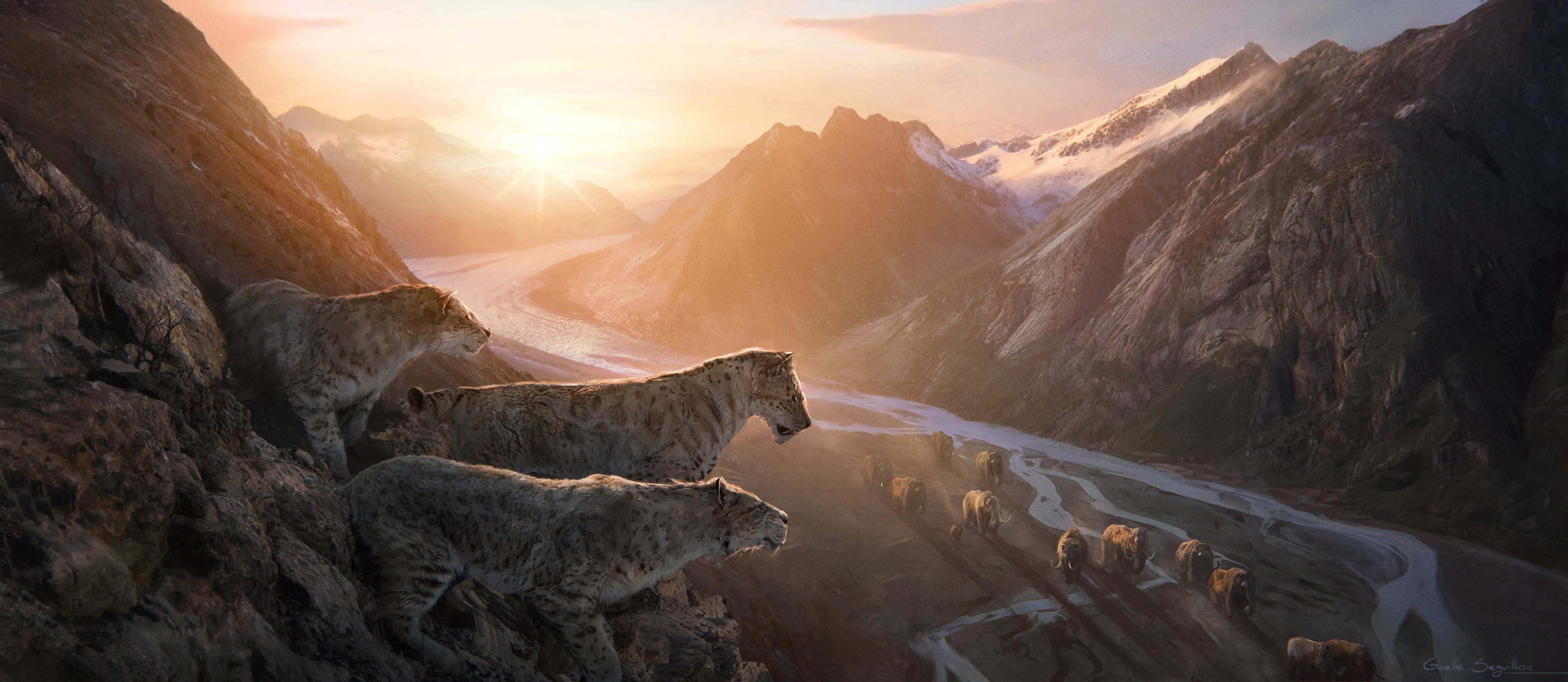 Homotheriums hunting woolly mammoths