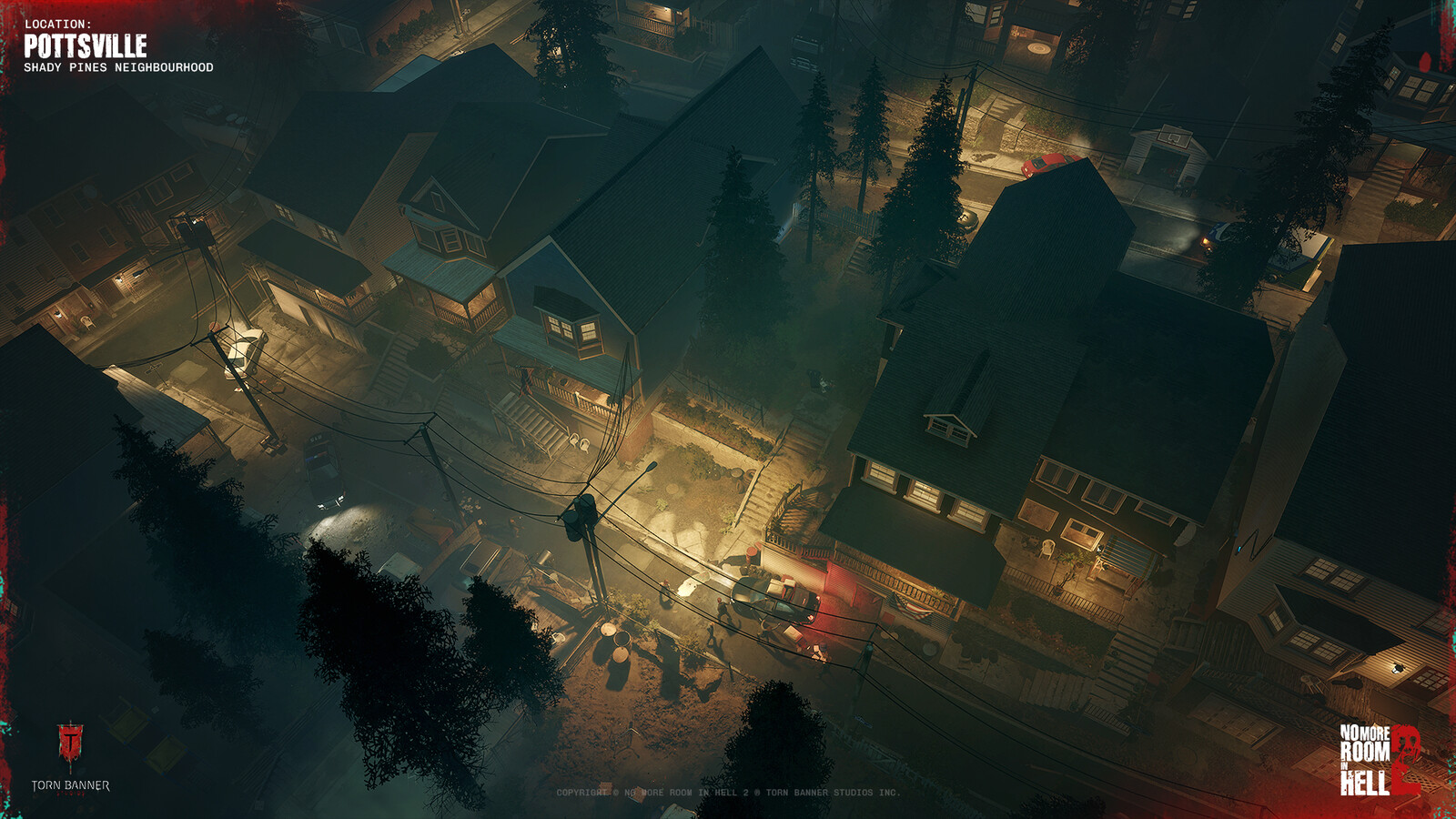 I worked on layout for the residential area from an early stage, establishing traversal routes through backyards, between houses, and down a slope toward downtown.