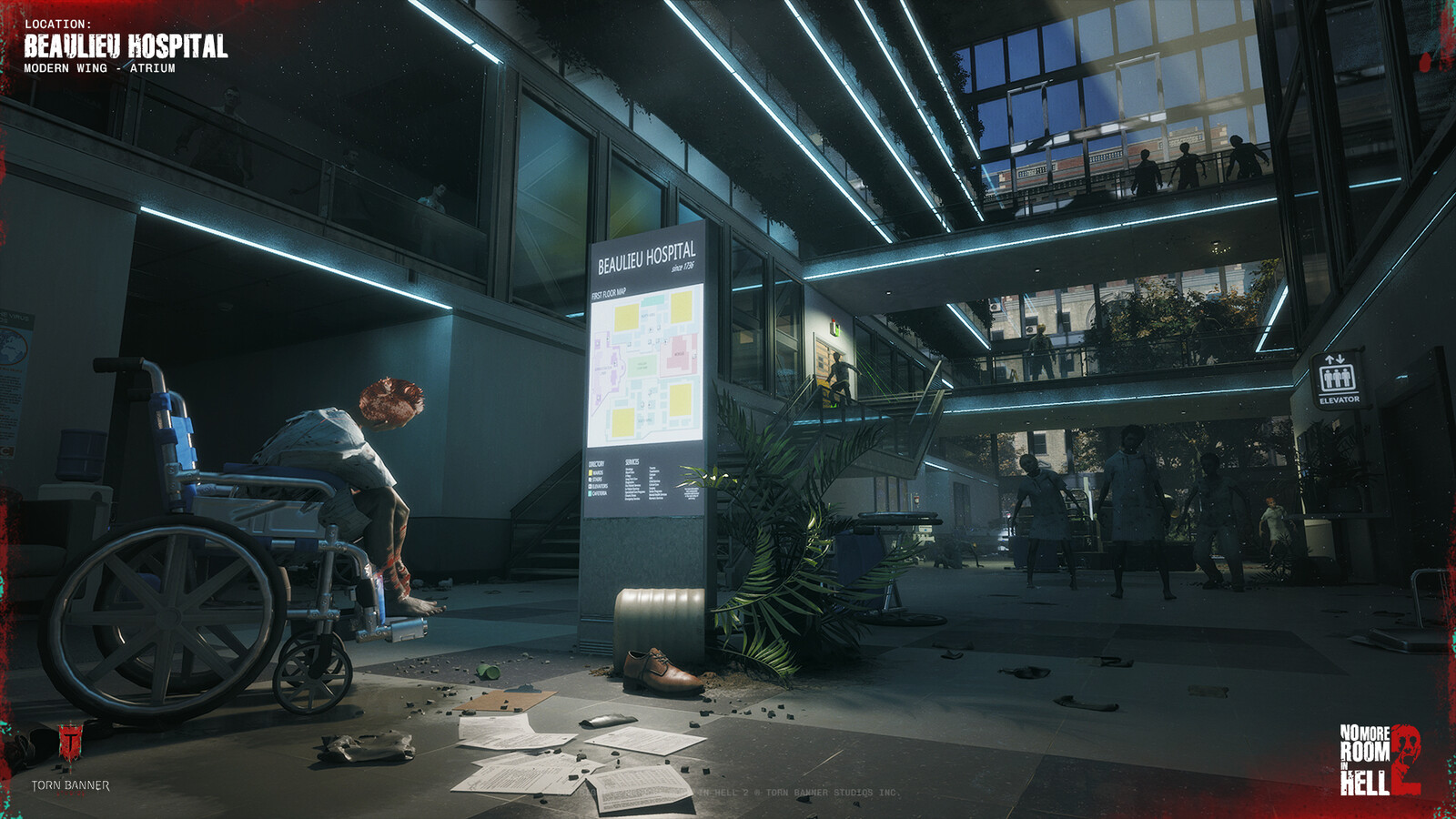 Central atrium in the modern hospital wing. Designed to act as a primary navigation hub, connecting multiple floors and guiding player flow between key areas.