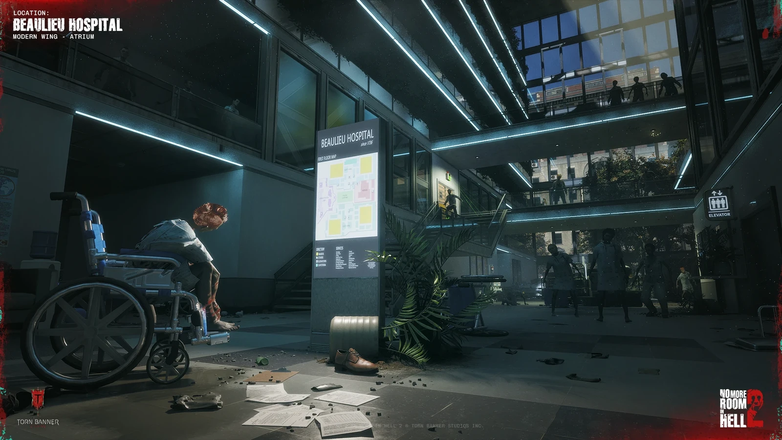 Central atrium in the modern hospital wing. Designed to act as a primary navigation hub, connecting multiple floors and guiding player flow between key areas.