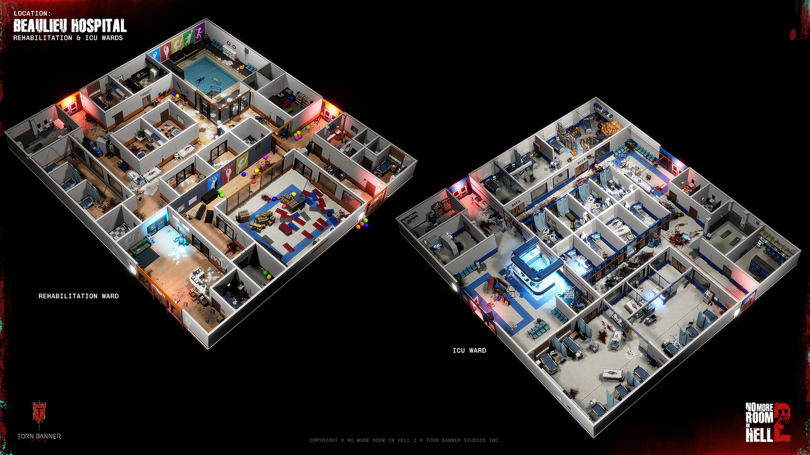 Top-down overview of the Rehabilitation and ICU wards. Both were owned from blockout through final art, and built to function as interchangeable spaces within a randomized ward system.