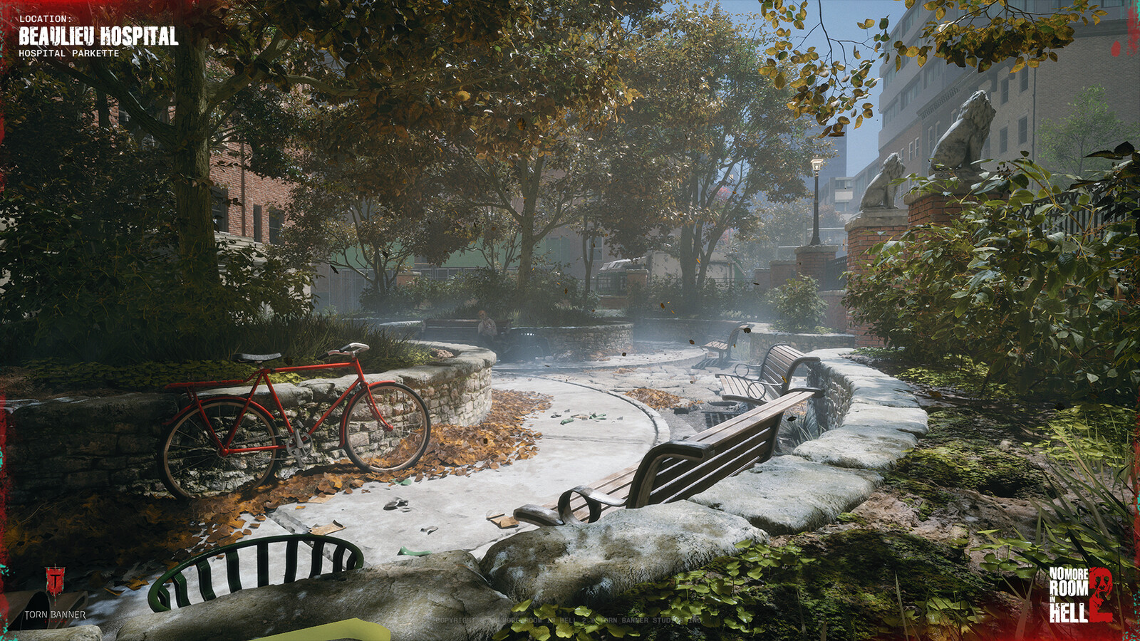 Exterior hospital ground parkette, used as a transitional space between urban and interior gameplay areas.