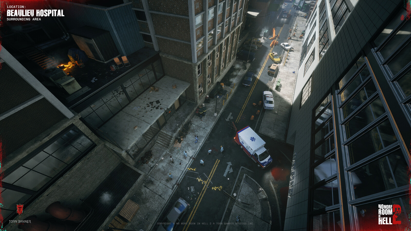Overhead view of surrounding city spaces, used for player spawns and initial navigation into the hospital.