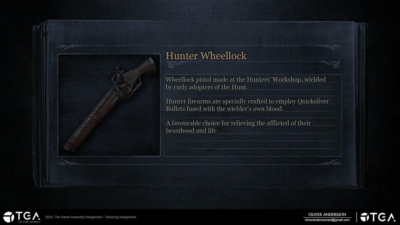 Texture work for our Texturing end of course assignment. A wheellock pistol inspired by Fromsoftwares Bloodborne.