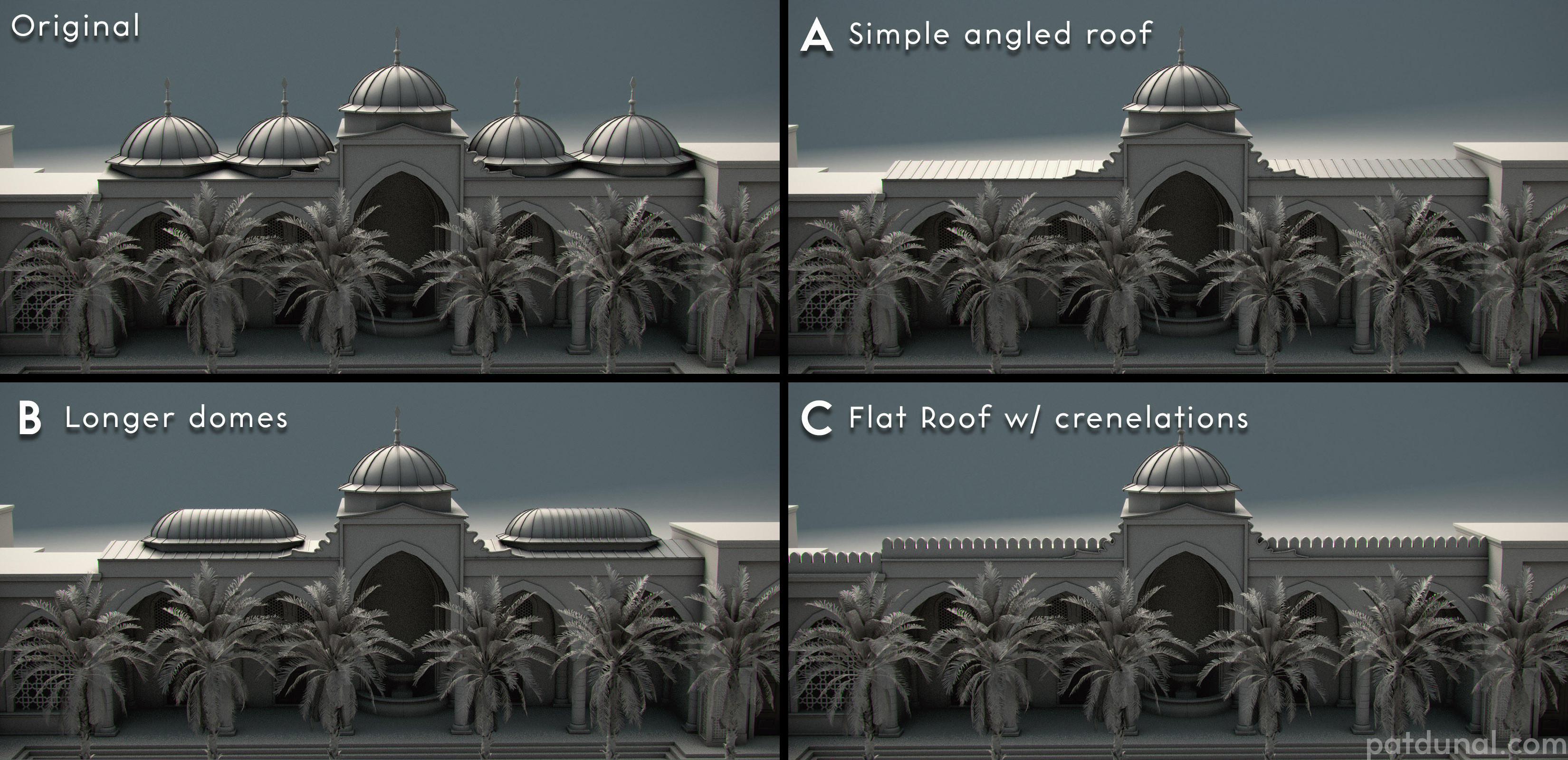 Architectural exploration. Iterating on roof forms and silhouette to establish shape language across the kit before production.