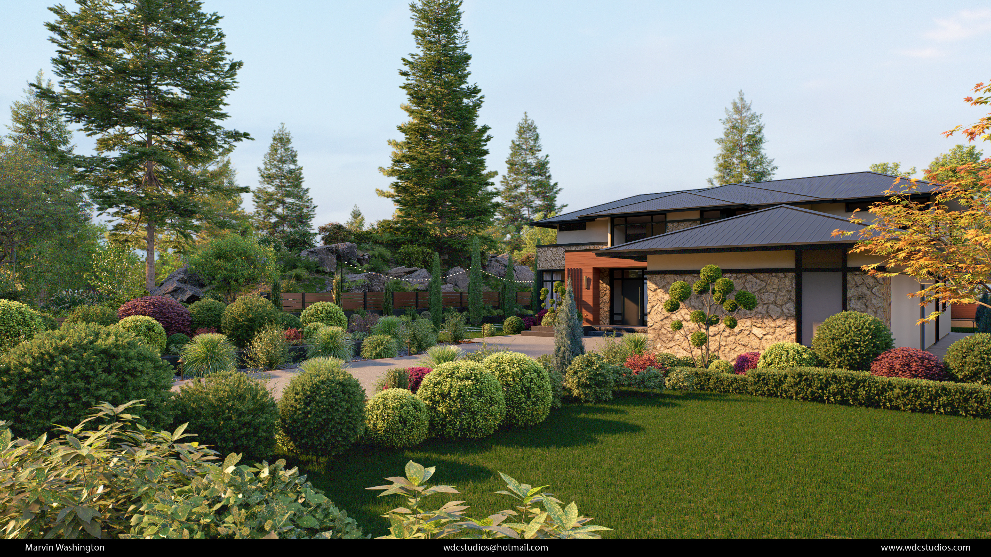 D5 Render of the house, landscaping and background elements.