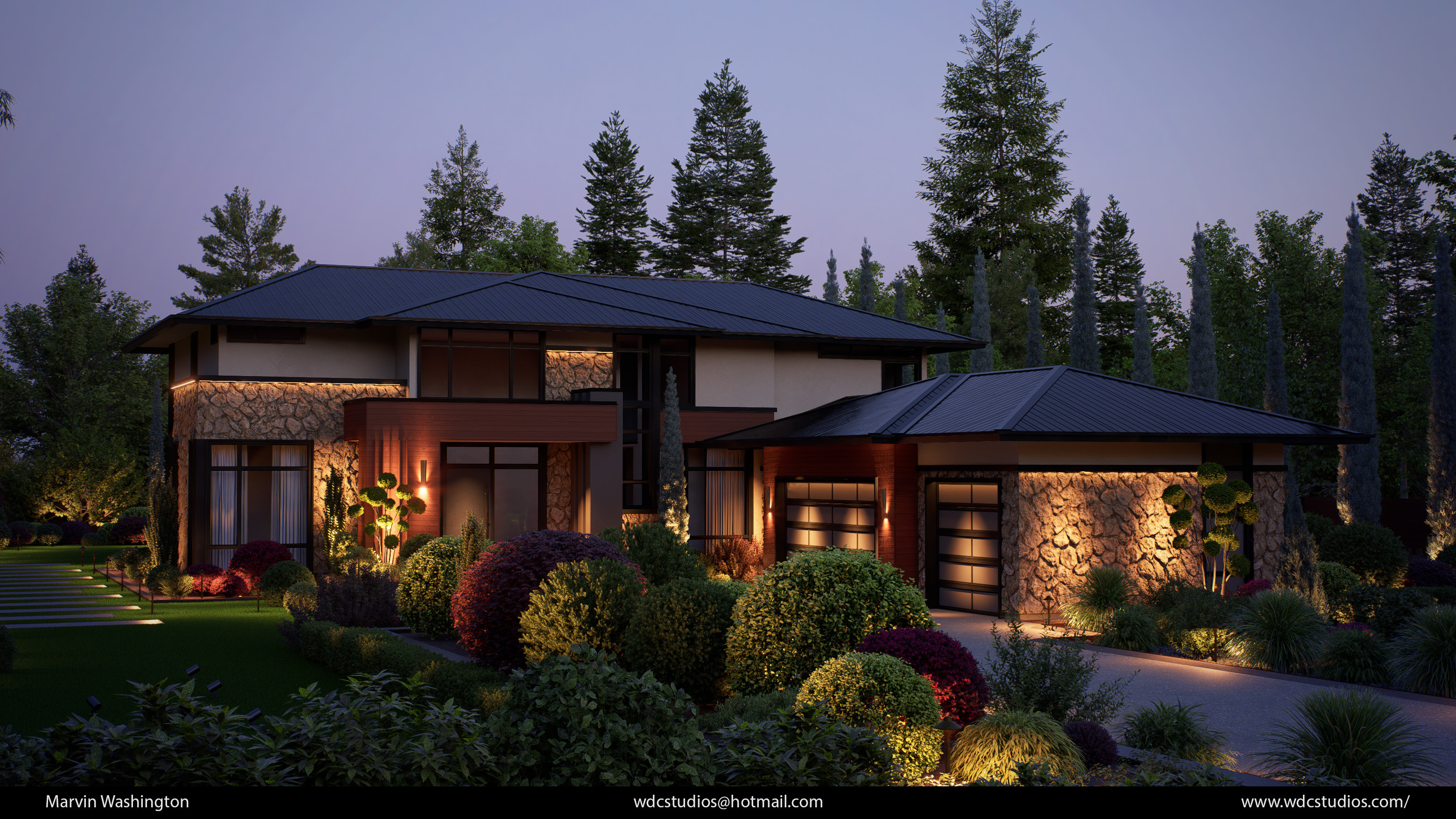 D5 Render of the house and landscaping lighting.