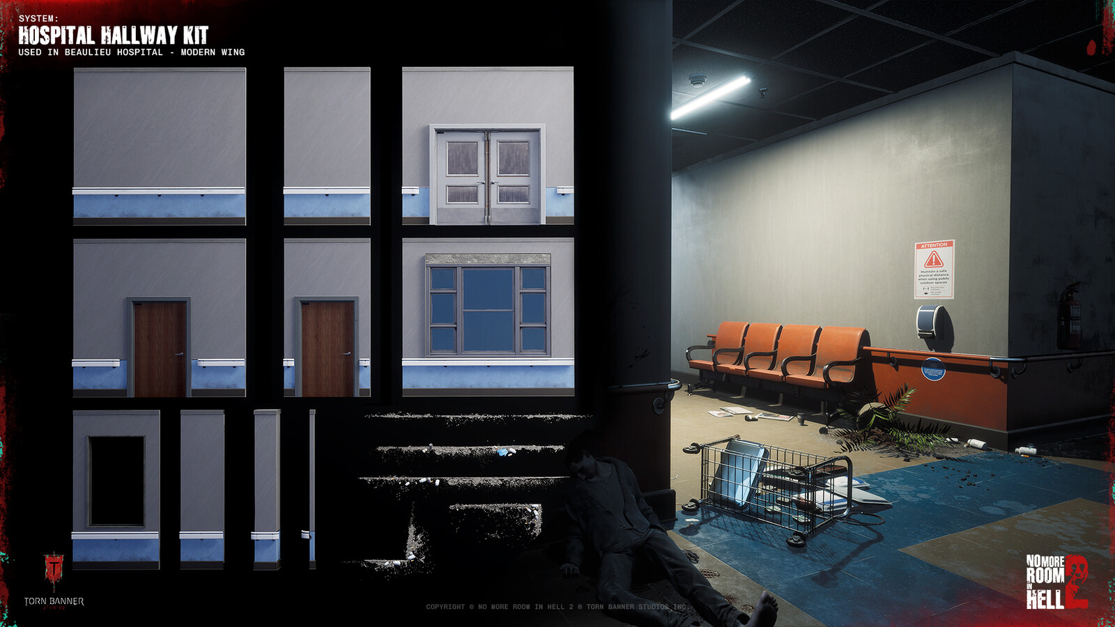 Modular hospital hallway kit used in the Beaulieu Hospital modern wing. Designed for flexibility, consistent metrics, and efficient assembly across interior spaces.