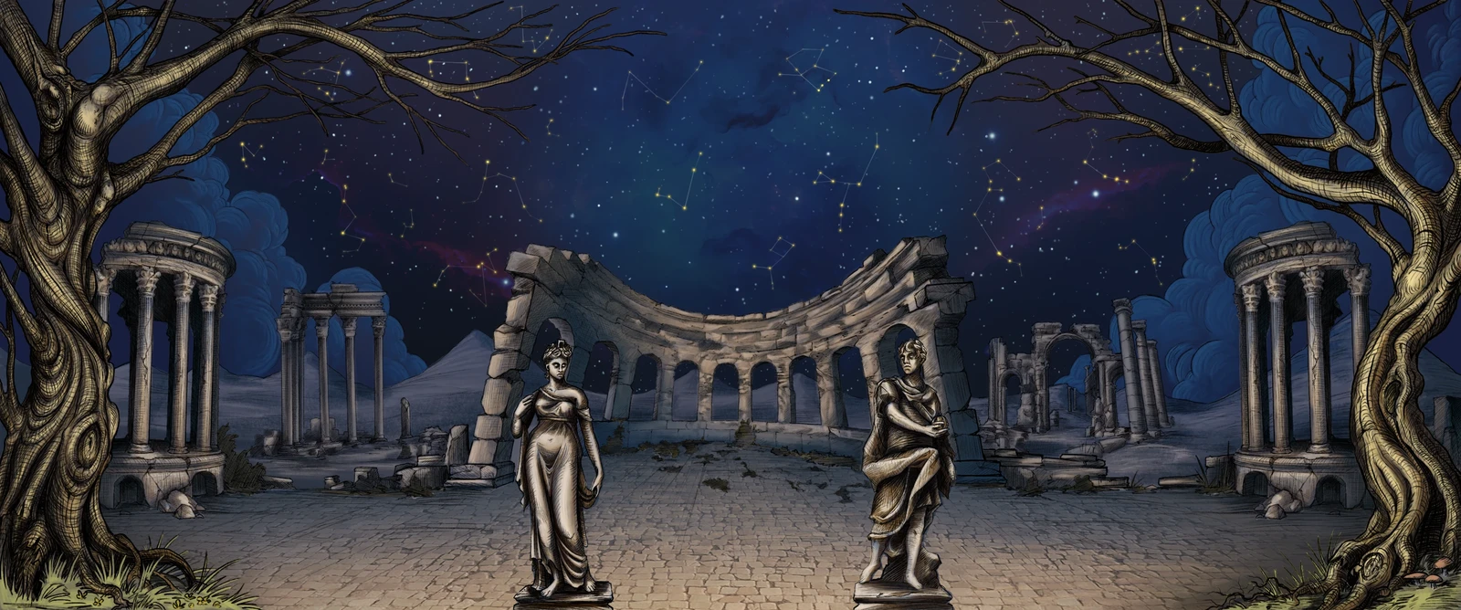 This backdrop was for the final level of the game, Showdown. The machine's theme was centered around a stage set, or more accurately a very elaborate puppet show. So it seemed fitting to render the backdrop as a stage backdrop would.