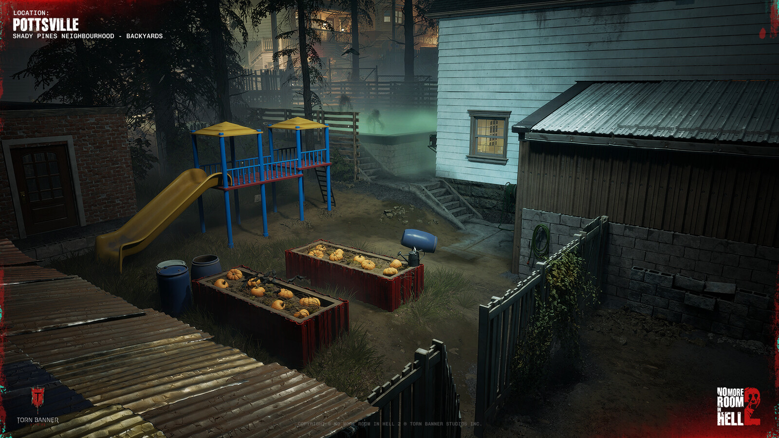 Backyard spaces and secondary play areas built to support traversal and close-quarters encounters within the neighborhood.