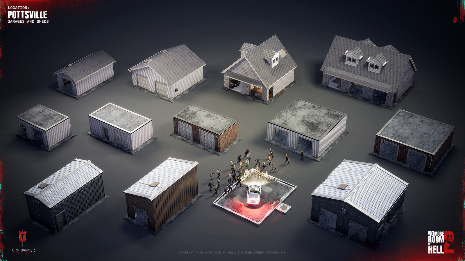 Authored reusable garage and shed level instances, assembled from modular pieces and used to define secondary spaces across residential areas.