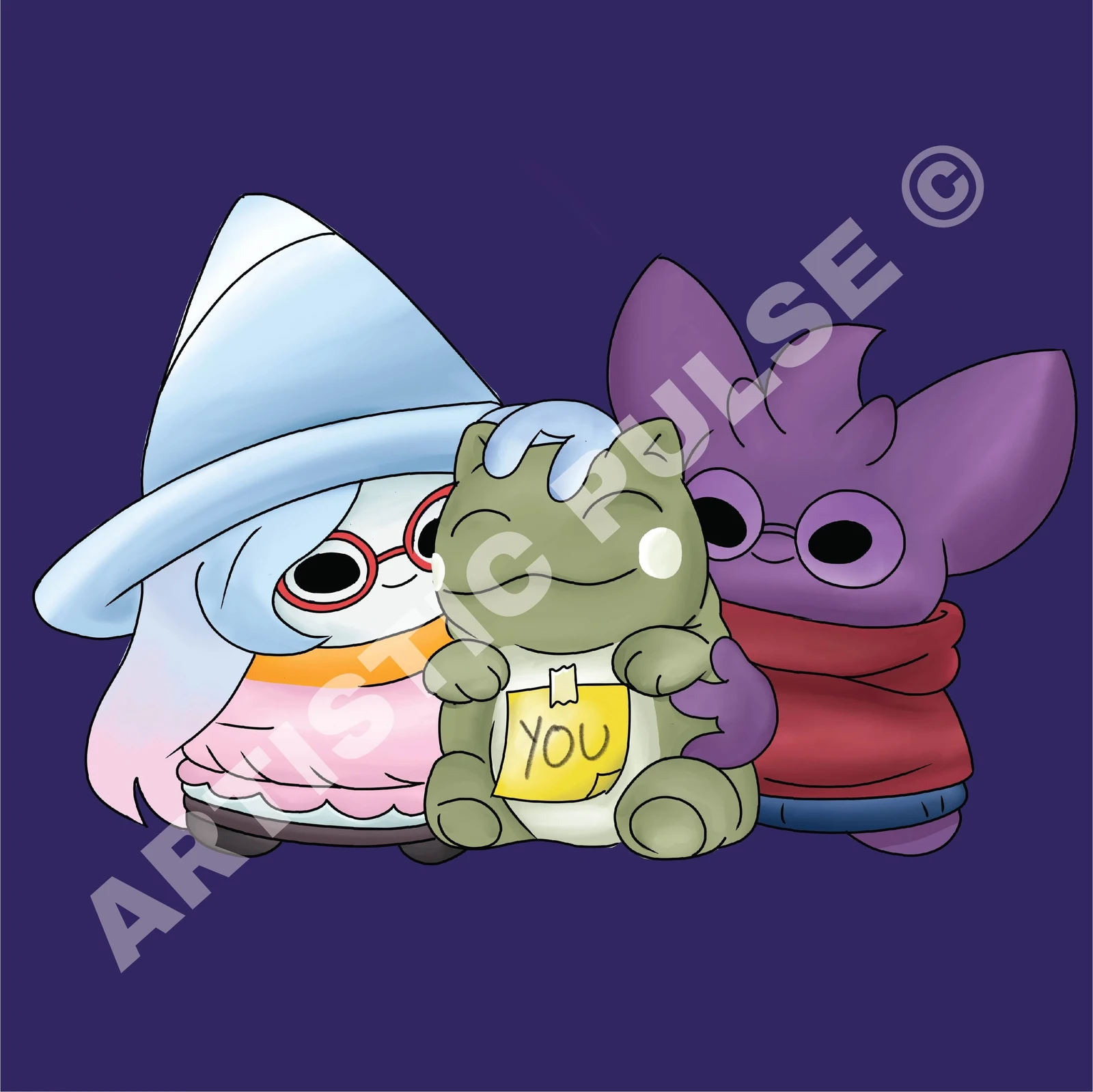 Final colored illustration of a cute chibi frog character with fantasy companions. Soft shading, pastel tones, and smooth gradients were used to create a warm and playful mood.