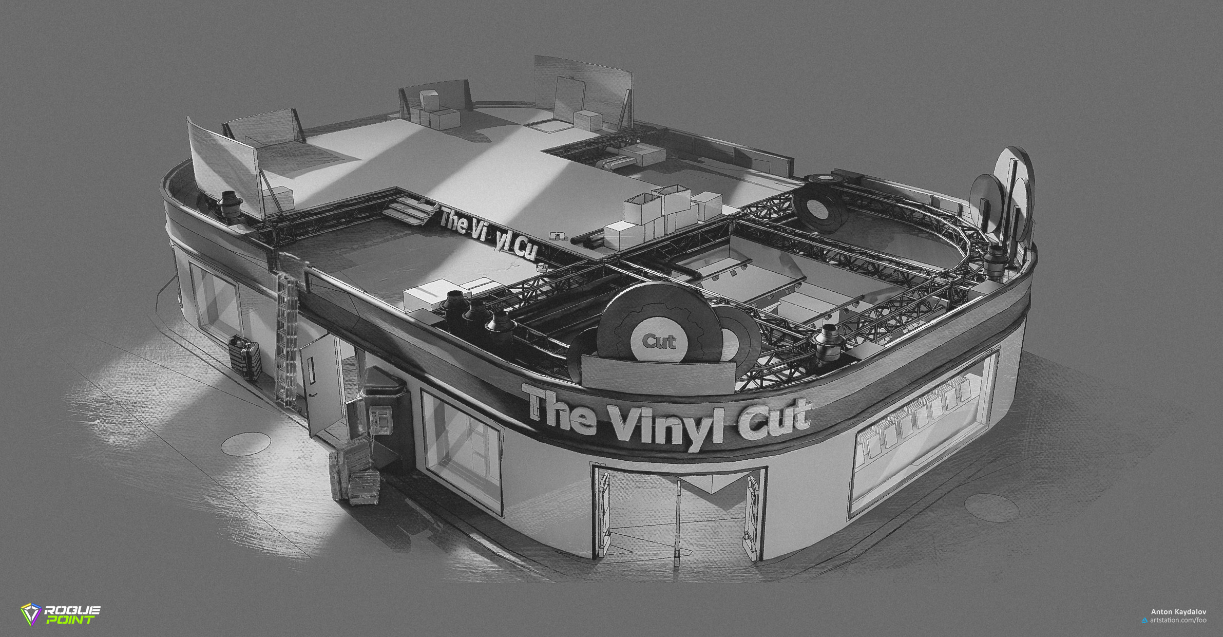 Structural concept, a vinyl record and book store situated inside the airport terminal's main lobby. Breaks down the kiosk's overall shape, signage, rooftop set dressing, and structural details to guide the modeling and level art pipeline.