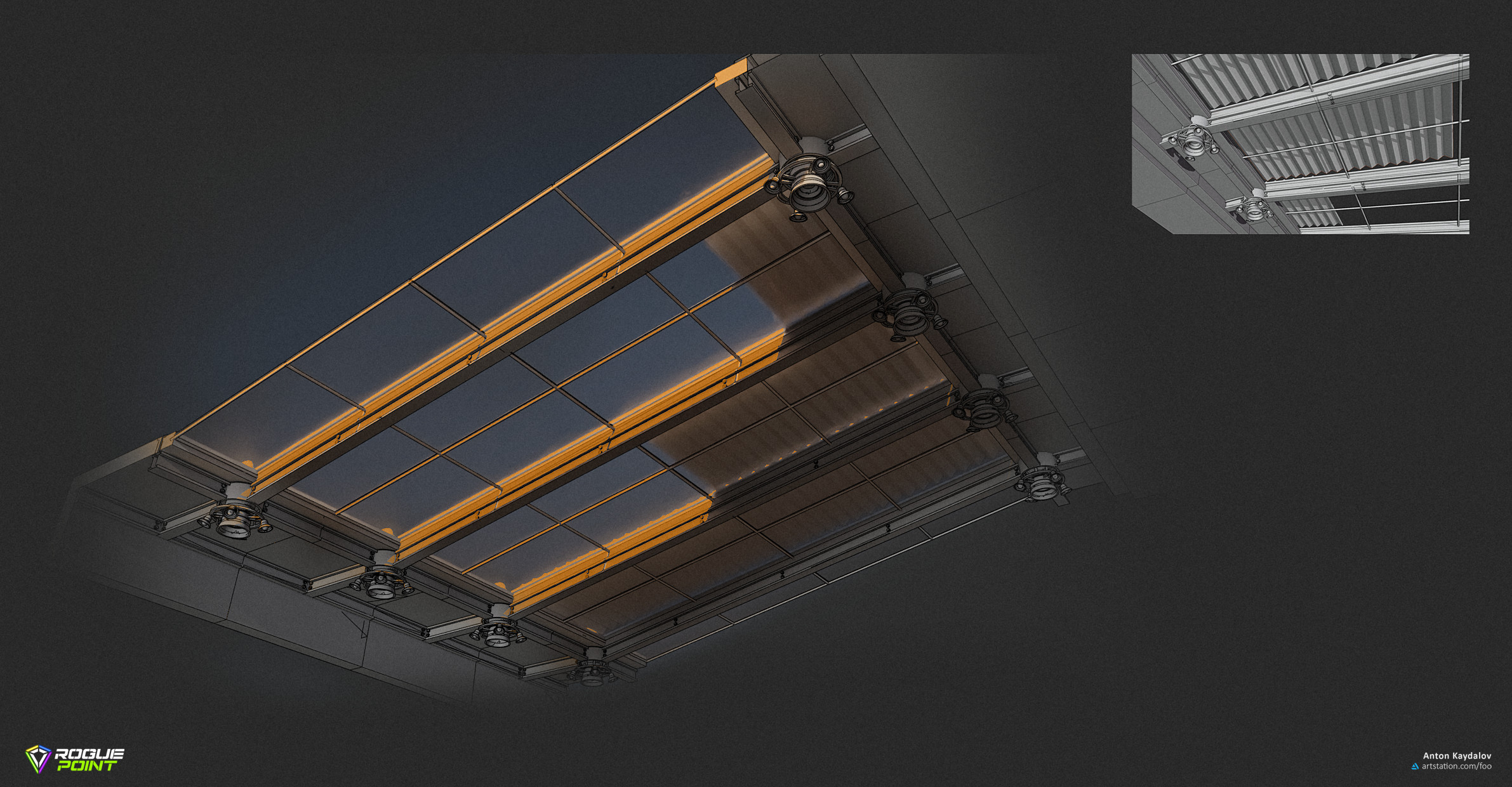 Ceiling section concept with retractable louvers, designed for the airport map's main lobby. Created to define the structure and hardware for the level art team. 