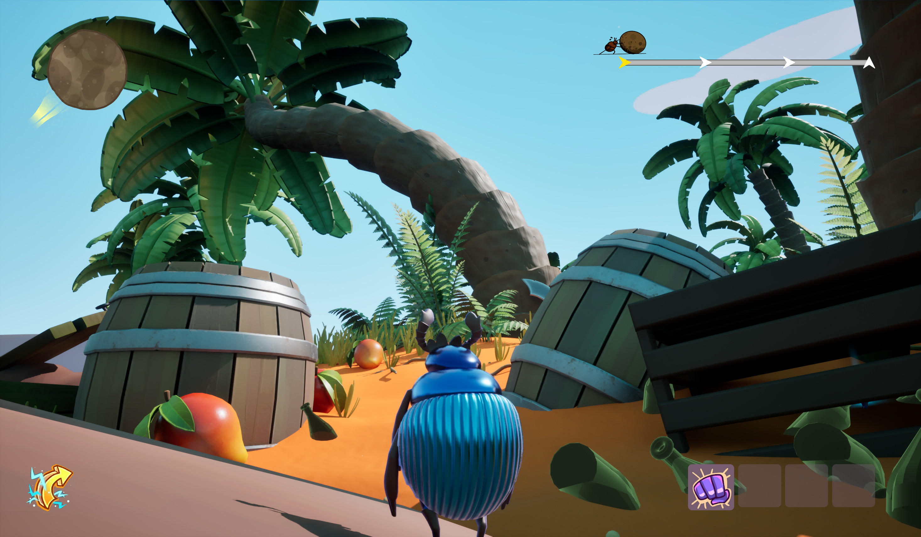 In-game screenshot of tropical pirate-themed area (credit to Mike Graham and Eythan Graham for world and level design, additional art by Wes Parker and Boo Armstrong)