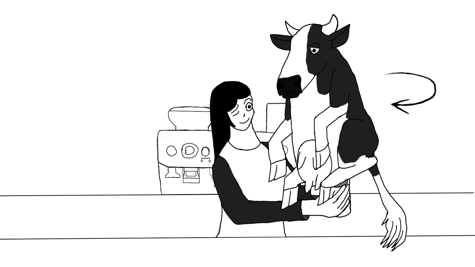 Cafe - Shot 3 - Sequence 4
Action: Barista lifts a cup with a cow on top of it. Barista turns towards the customer.