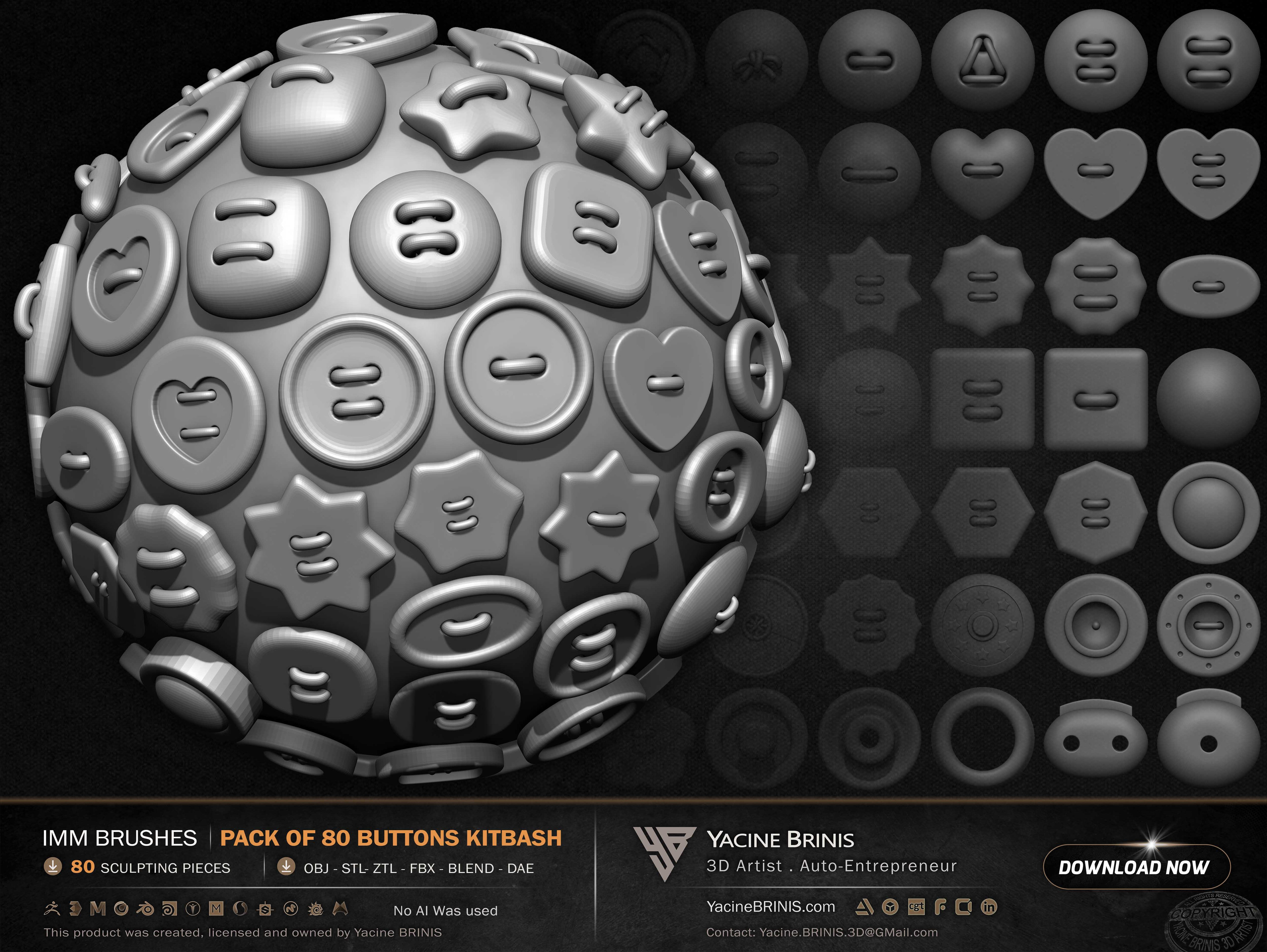 Pack of 80 Buttons IMM Brushes Kitbash Volume 01 Set 003