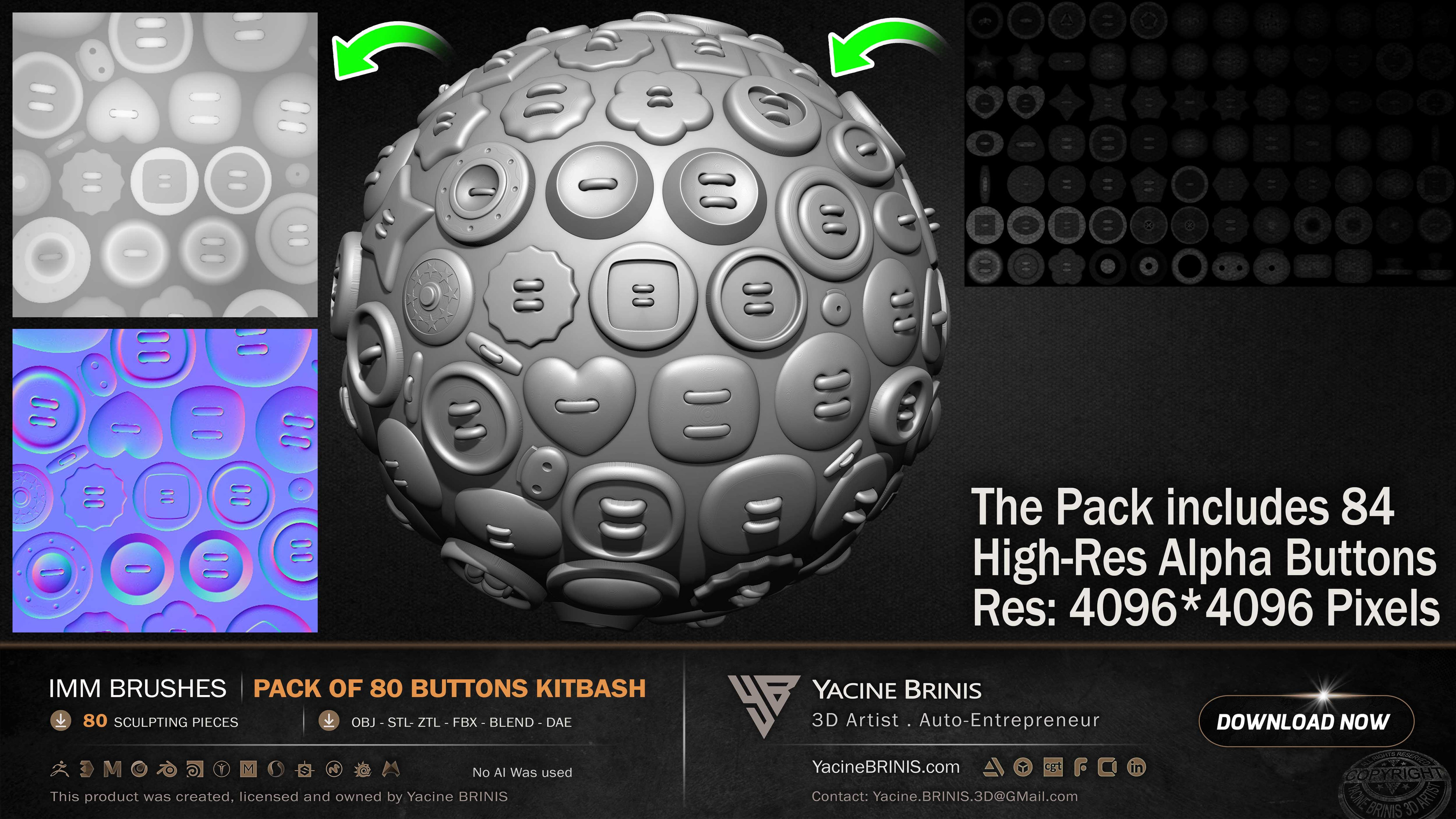 Pack of 84 Buttons Alpha textures, Normals, and Displacement Render