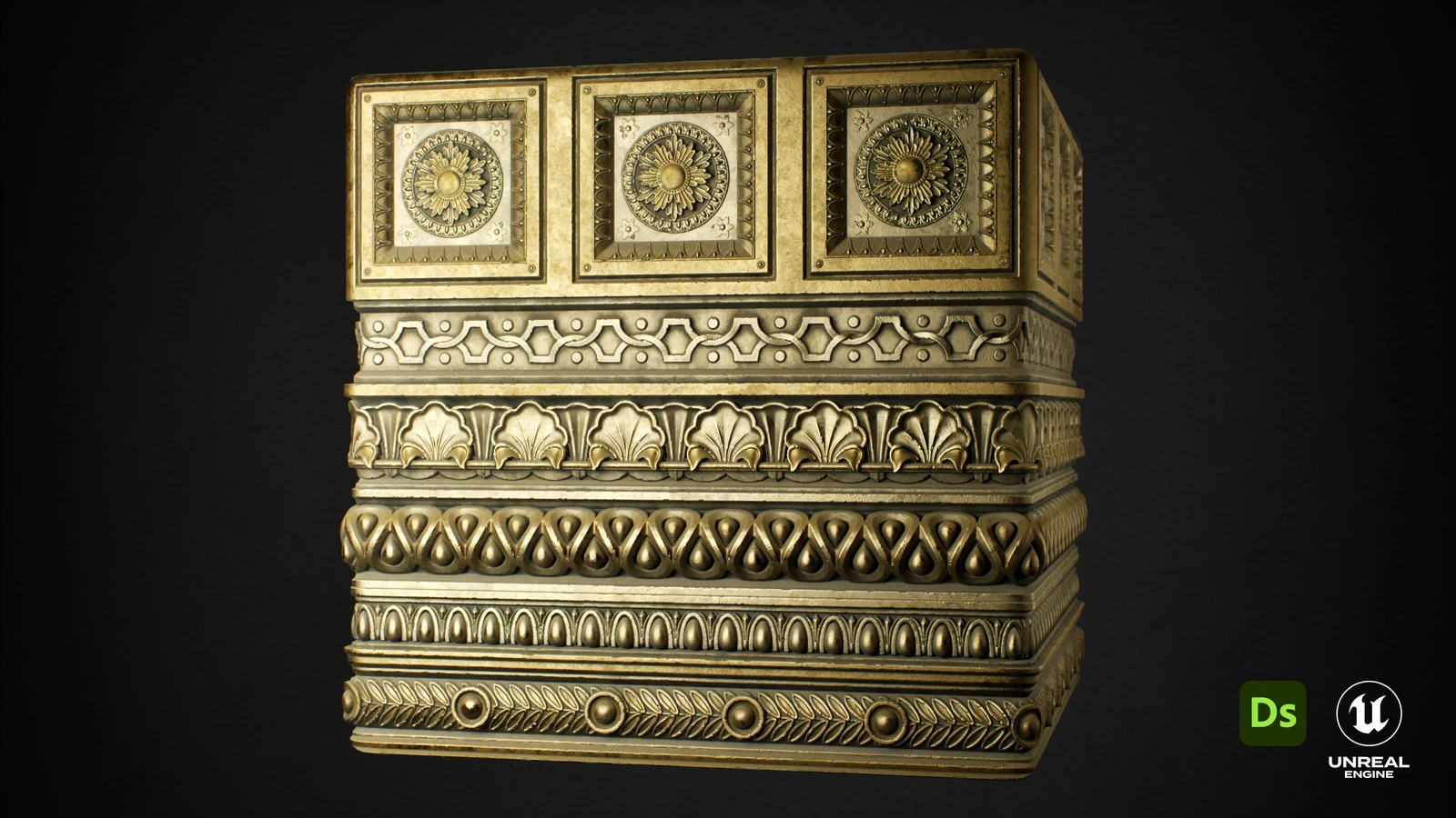 Trimsheet material imported and rendered in Unreal Engine.
