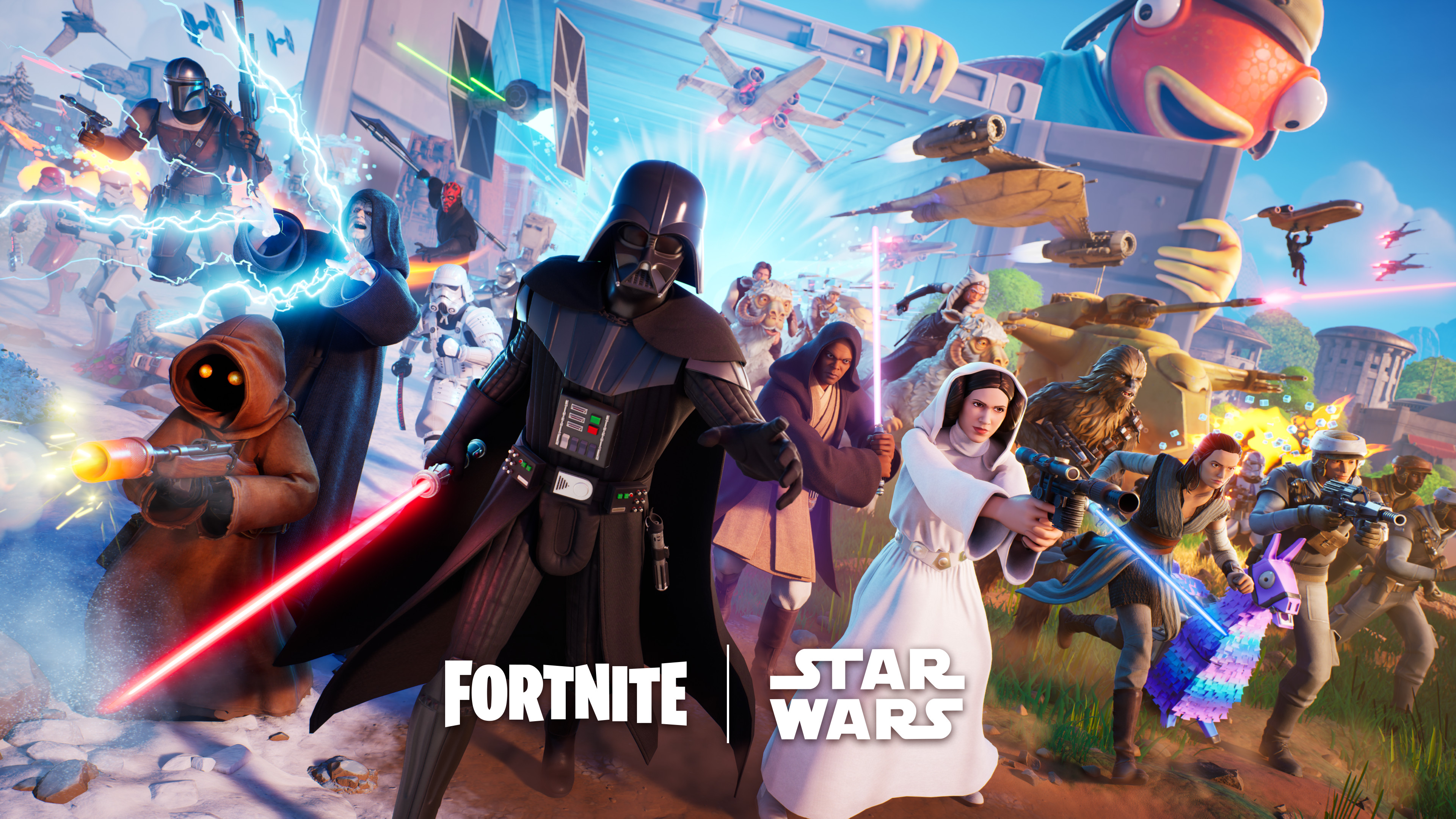 Key art created for Star Wars in Fortnite UEFN. Lighting/rendering and some modeling/textures by me,  Concept by Dio Lee, Poses by Melvin Tan and Morten Enevoldsen and Art director Jon Kiker