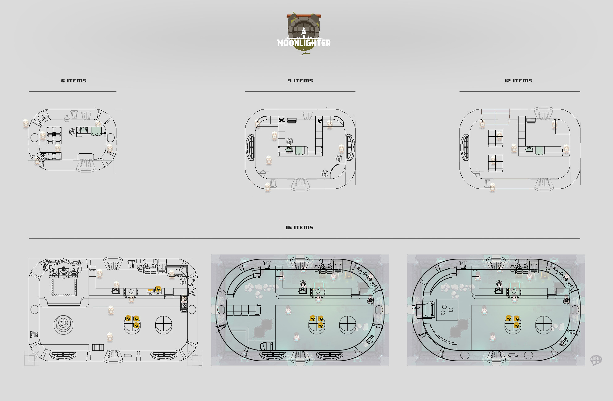 Sketches of the shop evolutions based in their item capacity. I designed the extremes before the in betweens.
