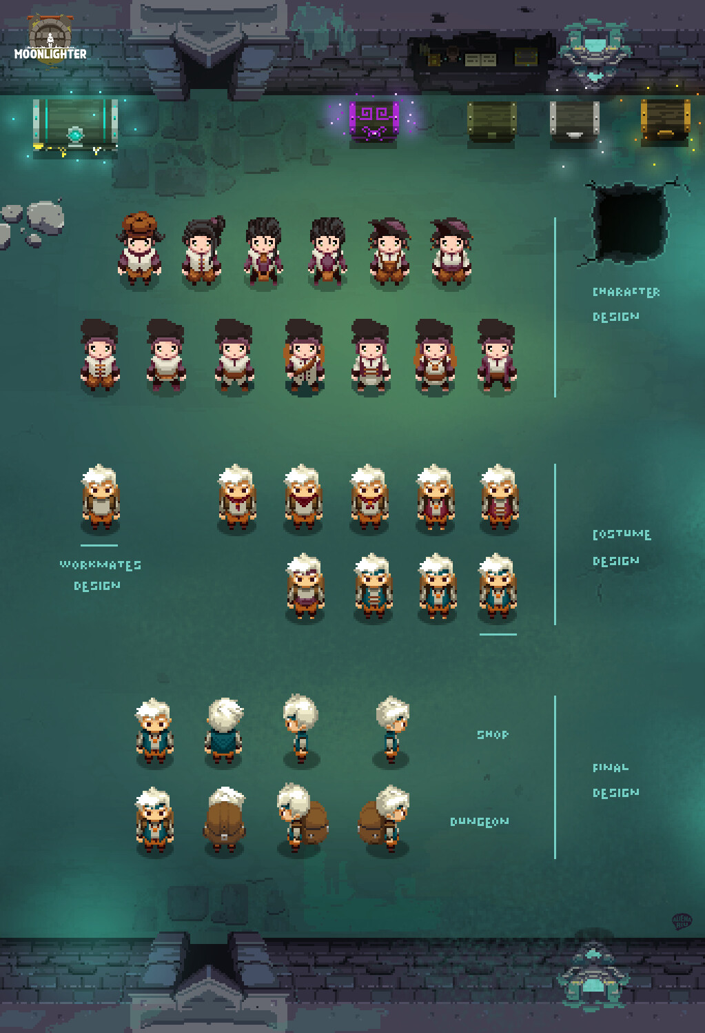 I participated in the creation of Will, main character of Moonlighter. In the beginning I worked in the character design and when the proportions and general style were chosen, I explored costumes until I got a look we liked.