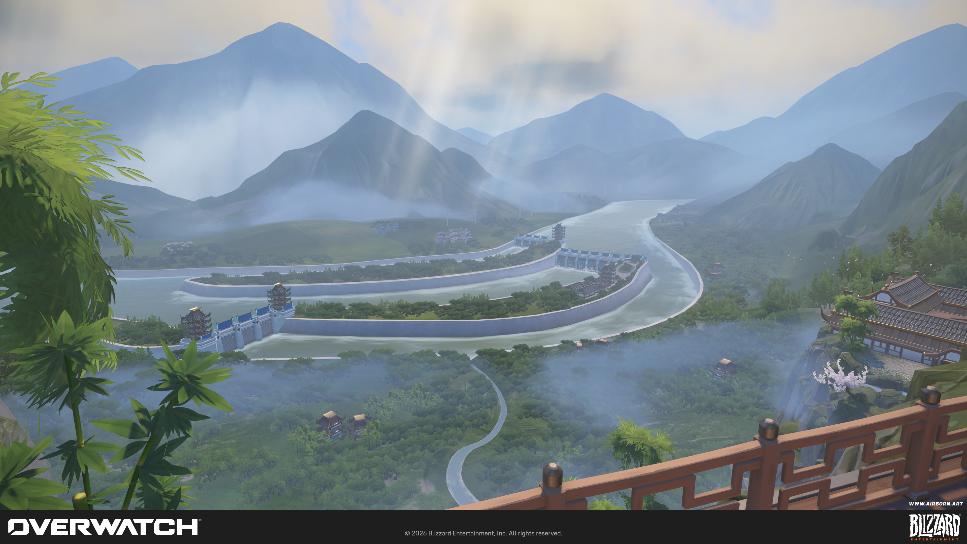 For this map, I was tasked to create a backdrop vista featuring a futuristic dam and traditional architecture, as well as all the surrounding area, forests and rivers.