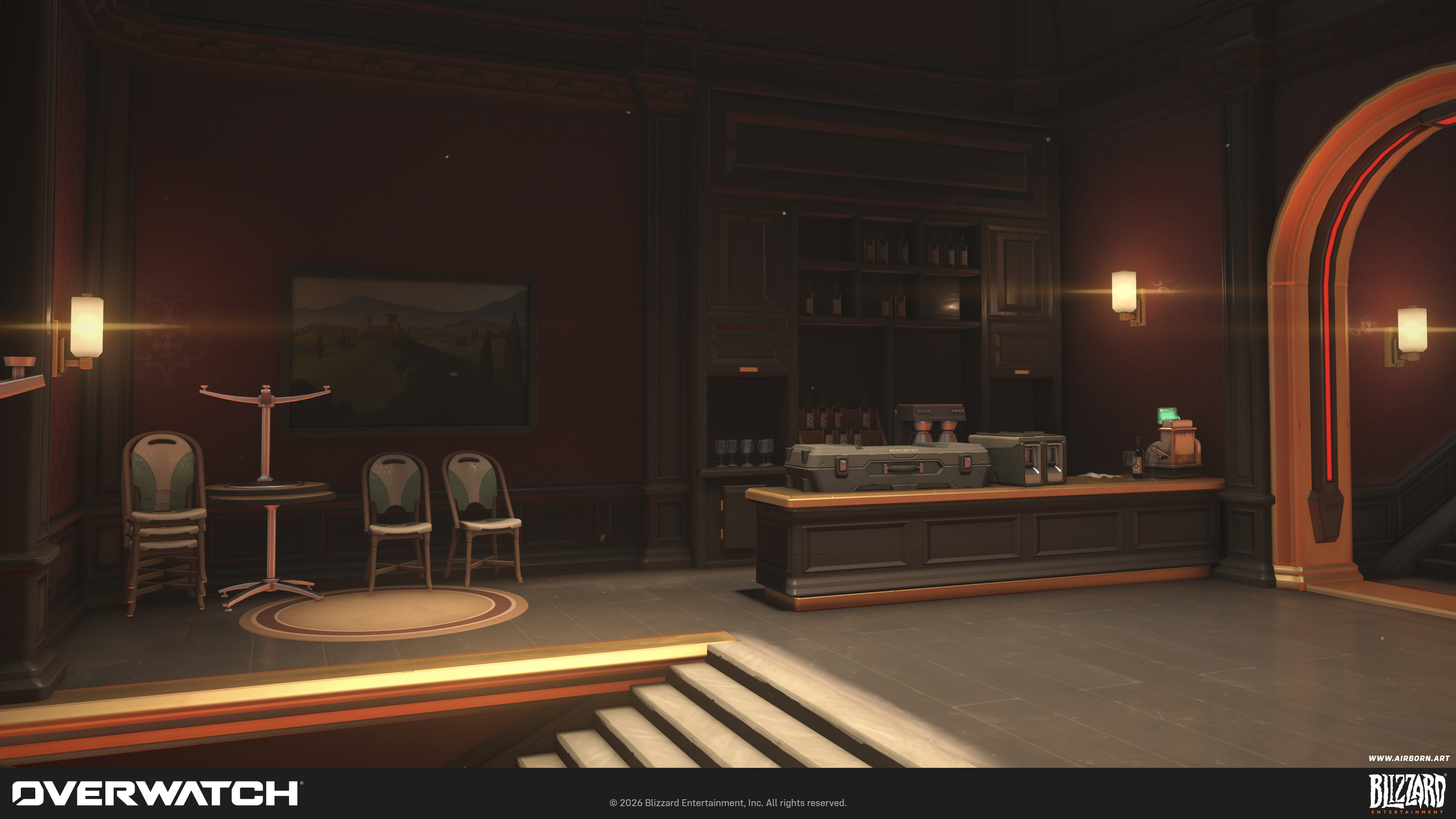 Interior art pass and set dressing, I also created the bar shelves and counter assets.