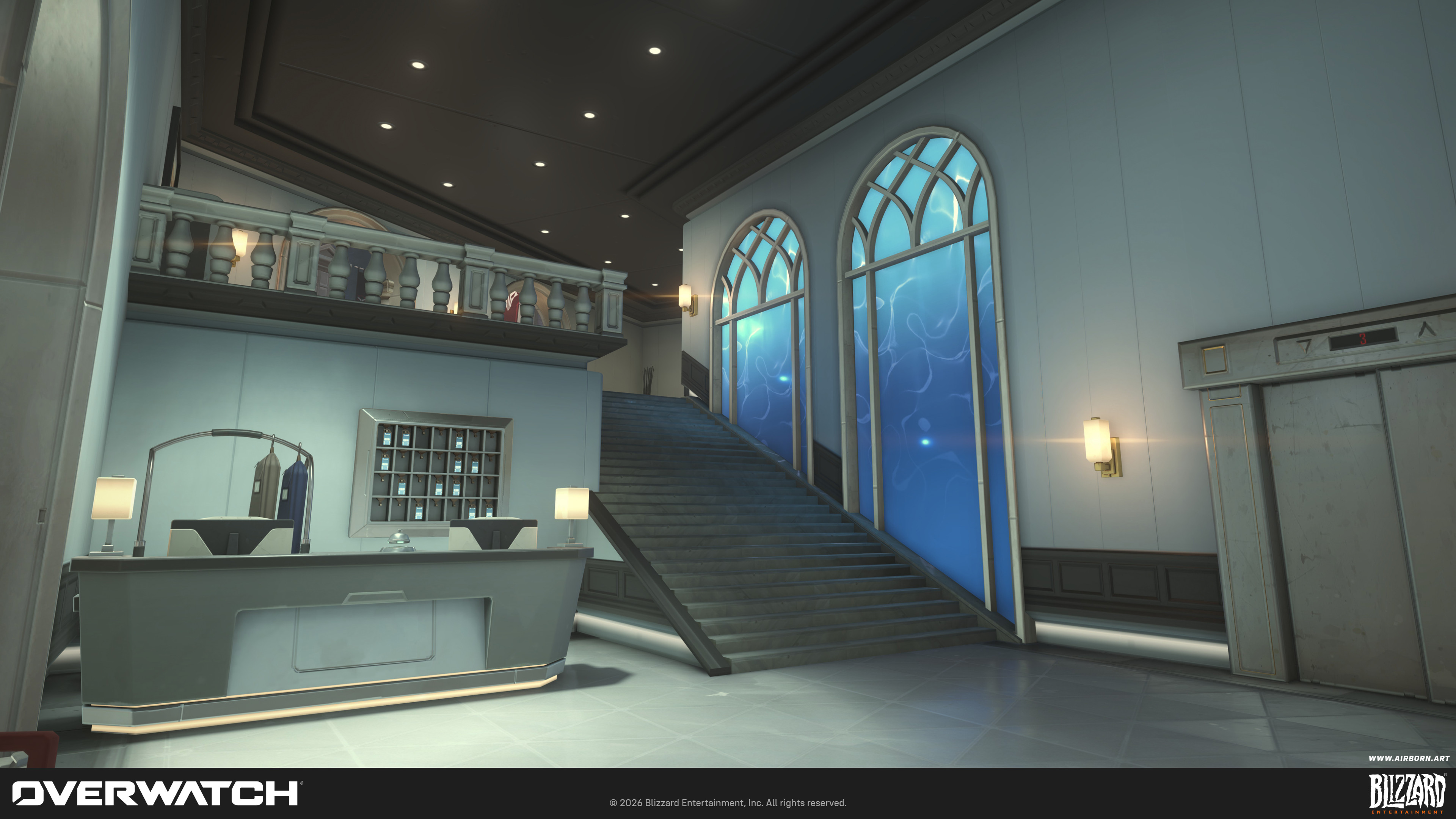 Hotel lobby interior artpass and set dressing.