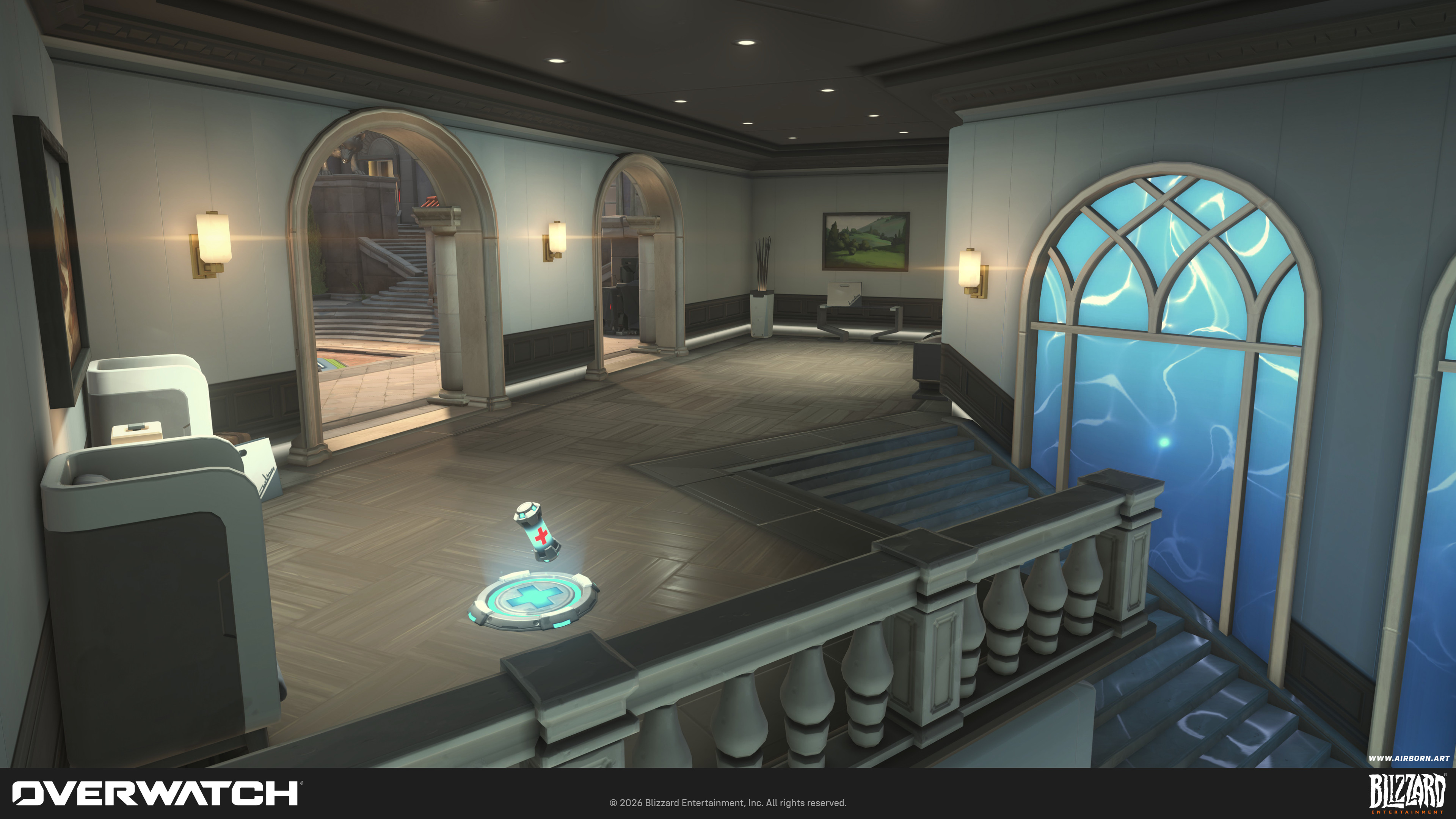 Hotel lobby interior artpass and set dressing.