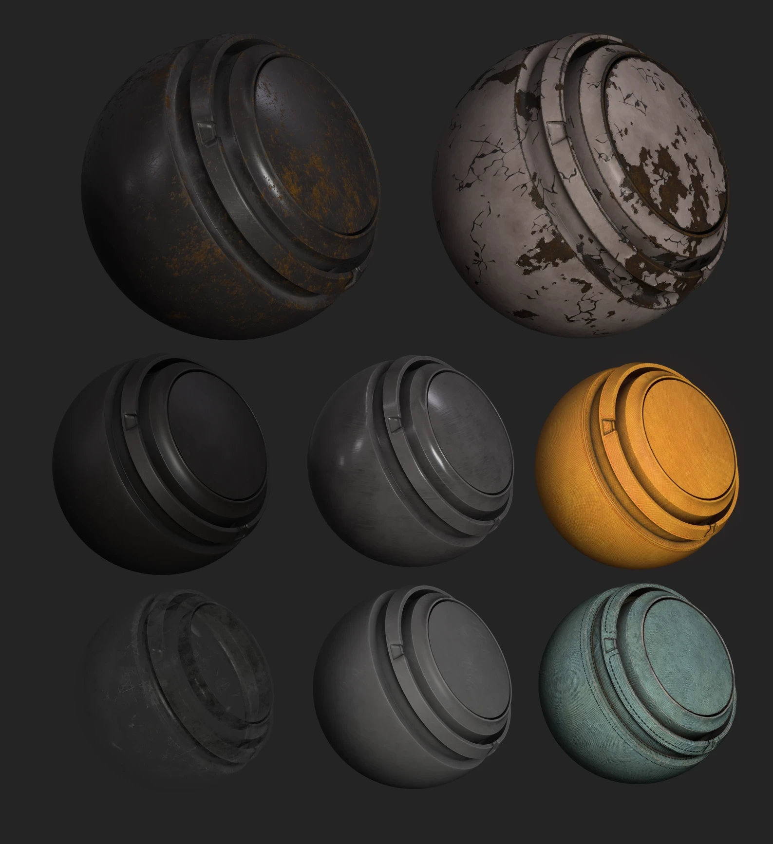 These are versatile Substance smart materials made from scratch specifically made by me for this project. These are very reusable, they are seamless and completely adjustable. They don't use metallic maps as initially the project had a different style.