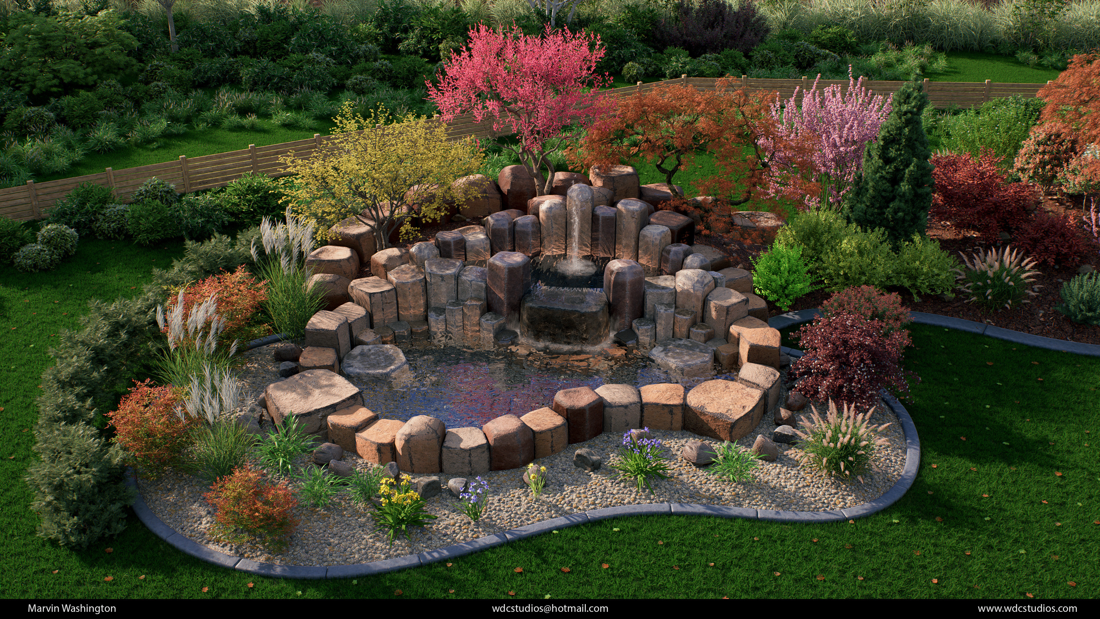Over head render of the garden.