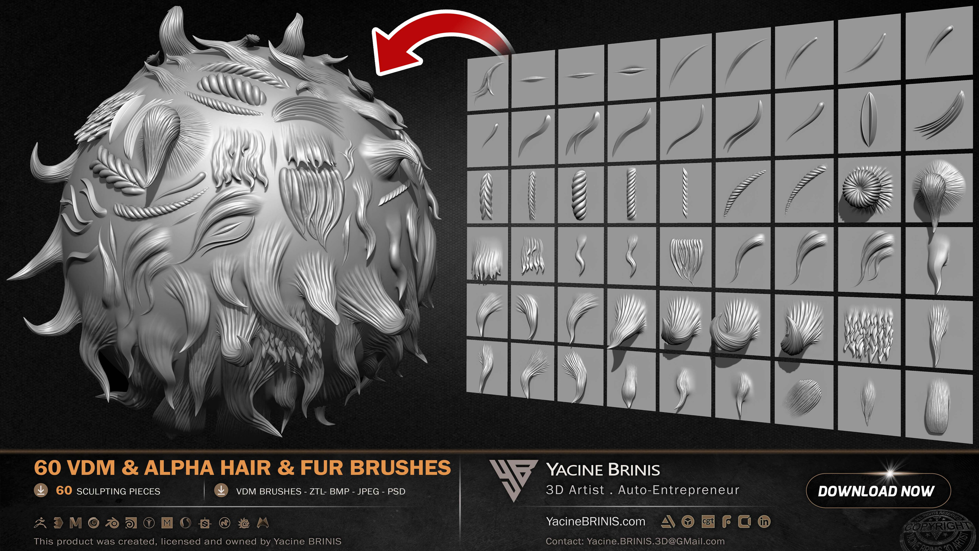 60 VDM and Alpha Texture Hair and Fur Brushes Volume 01 Set 008