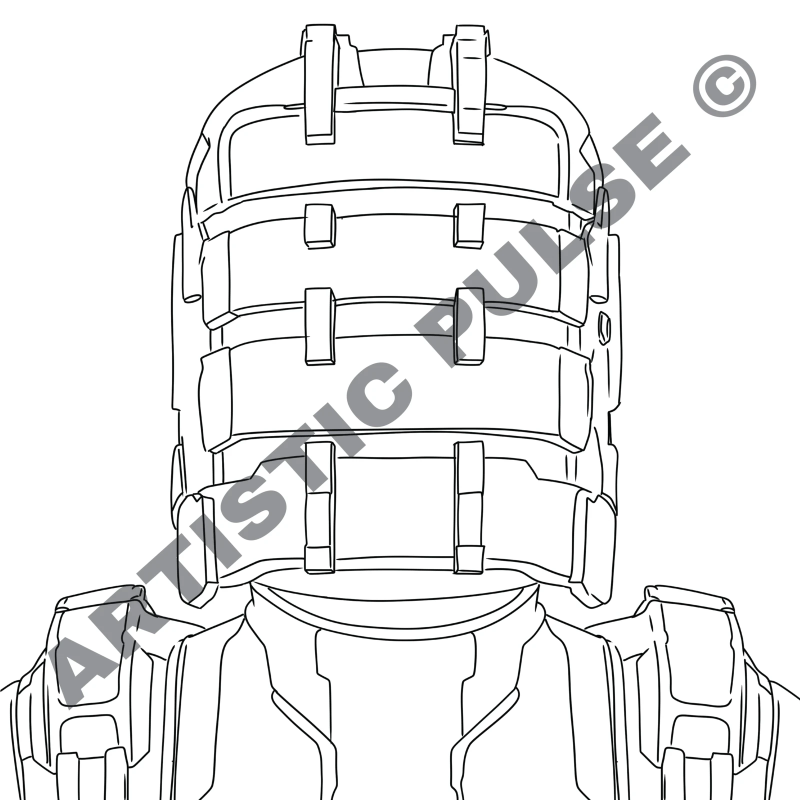 Initial sketch exploring the mech’s layered armor and structural form.