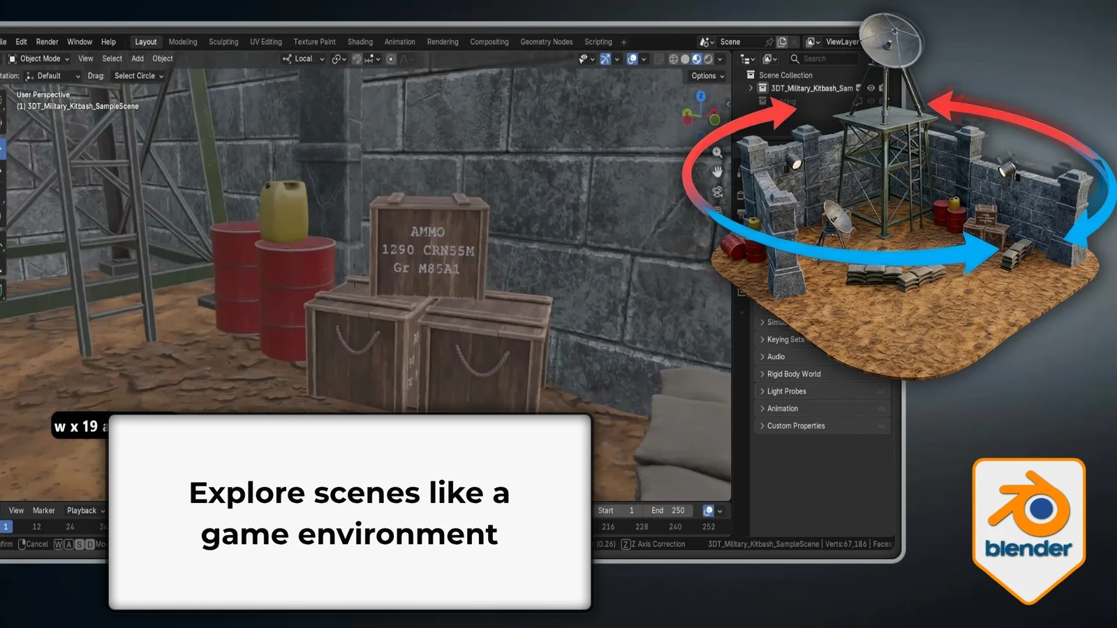 Walk and fly through your scenes in first person to check scale, layout and spacing like a game level.