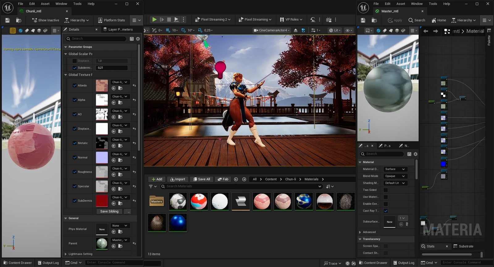 Unreal, master material on the right and body instance on the left.