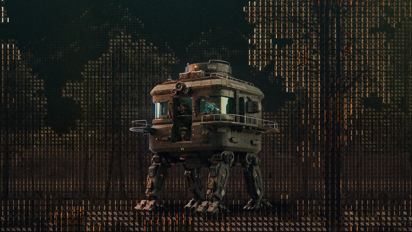 Final frame. The world is rendered entirely as the machine's compressed ASCII view.