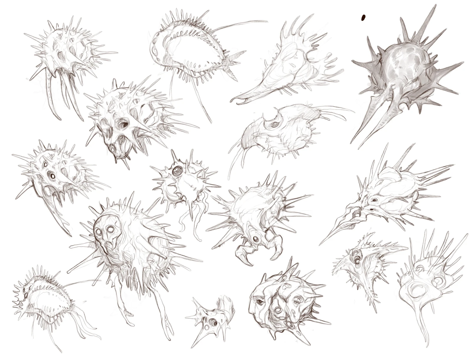 A bunch of sketches for the Exploder, a combination of an alien pufferfish and a living mine. The idea was that it was an enemy that would activate when you got within range, approach slowly but obviously, and self destruct when it got to you.