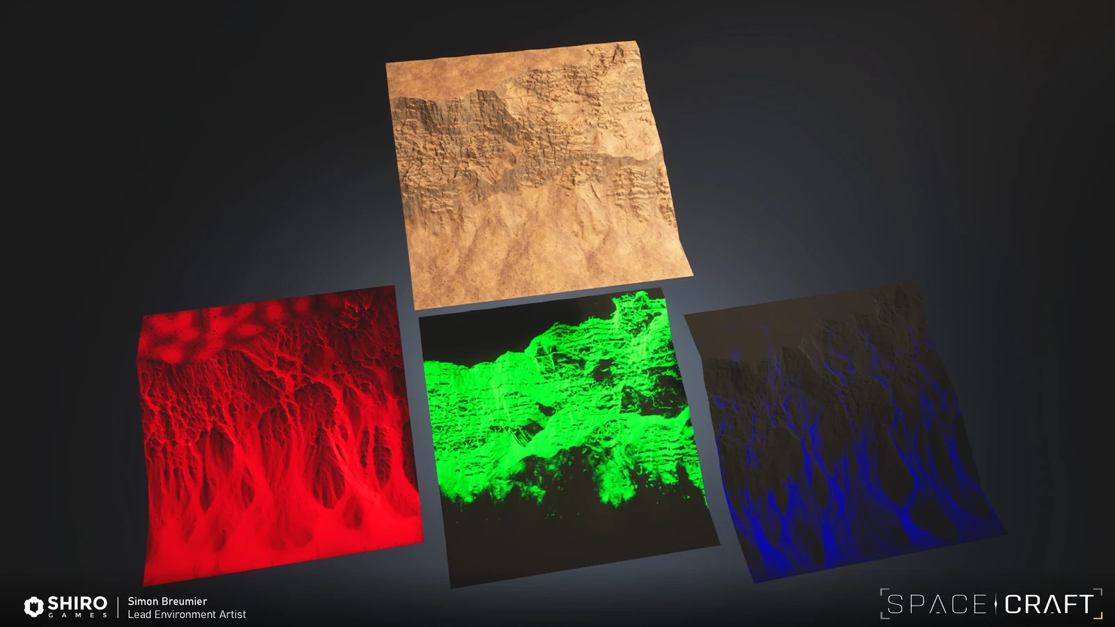 Materials are blended on the Terrain using an RGB Mask: Black is Sand, Red: Erosion, Green: Slope and Blue: additional color blend