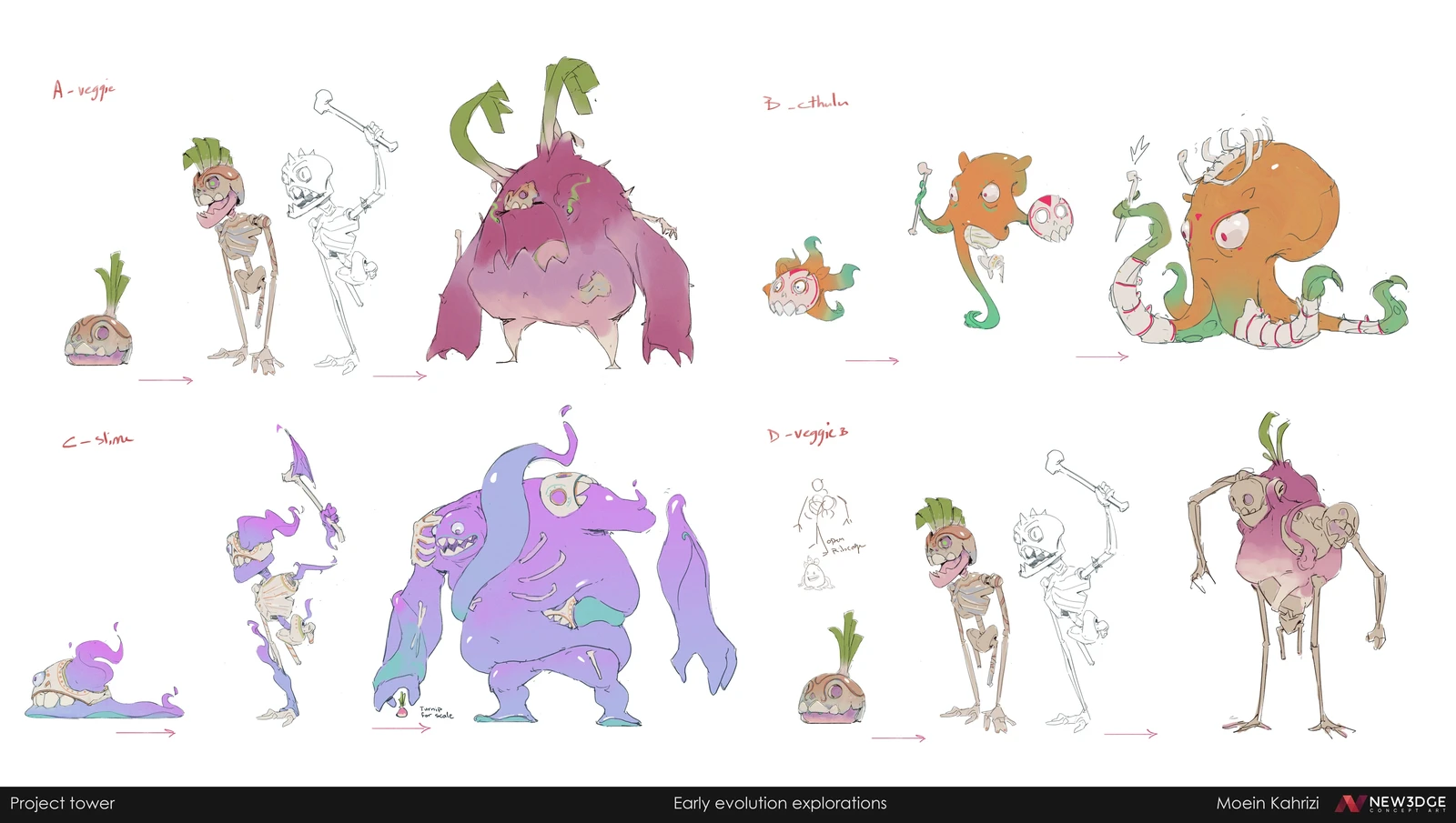 Each enemy has 3 stages, from a skull to a golem. I tried to explore different themes/ elements for these evolutions.