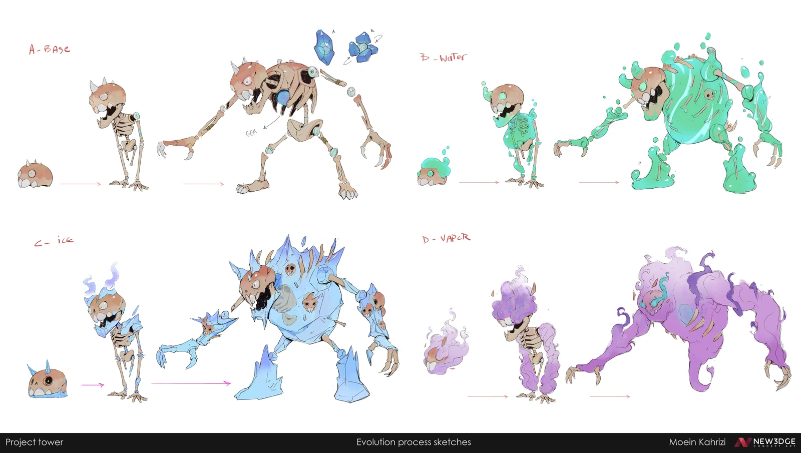 We settled on the classic elements: Water, Ice and Gas/vapor for the final version. And due to rigging limitations we had to use the same base for different elemet