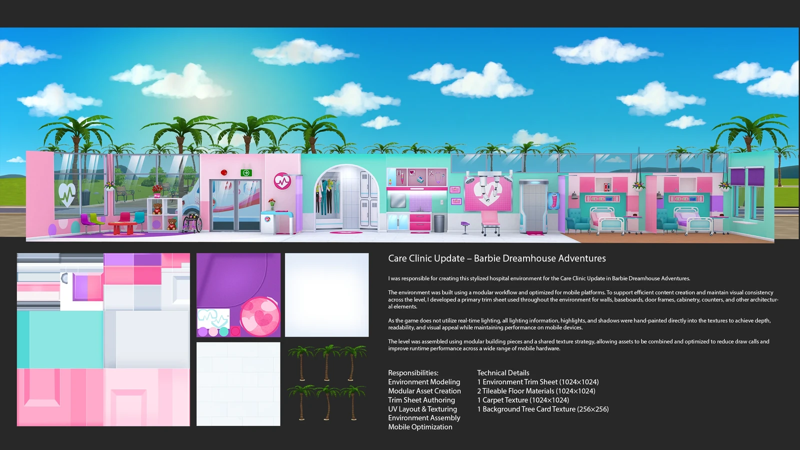 Environment breakdown for CareClinc Update, Barbie Dreamhouse Advantures. The project used Low-poly hand-painted texture workflow with Maya and Photoshop.