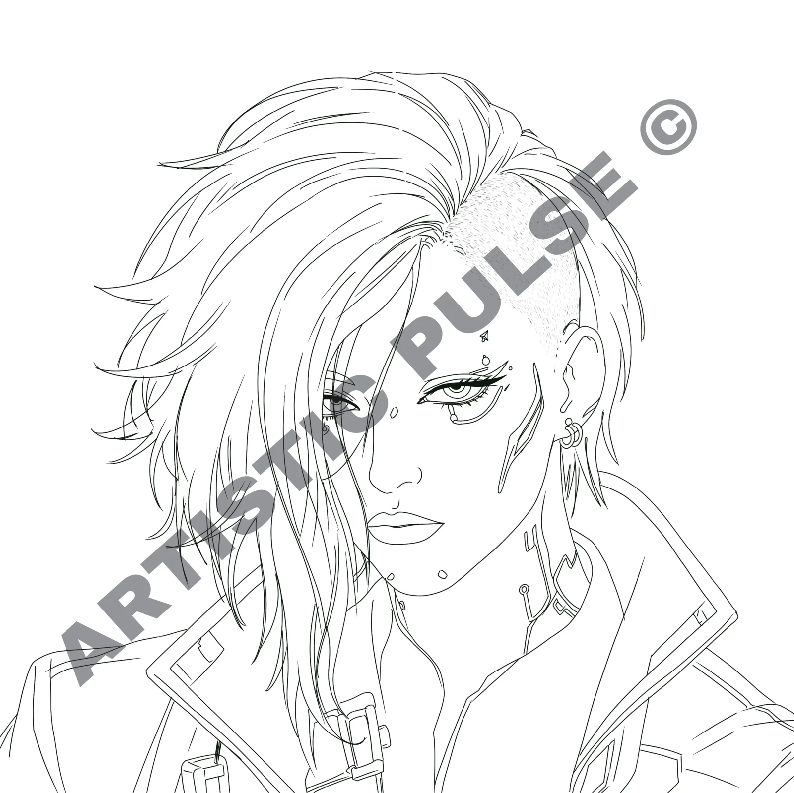 Clean lineart exploring a futuristic cyberpunk character concept with cybernetic enhancements and an asymmetrical hairstyle.