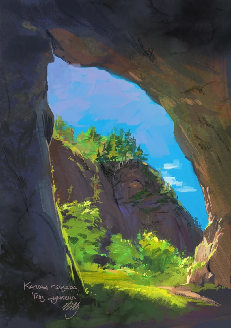 Shulgan-Tash cave and the Blue Lake at its entrance are believed to be home of evil spirits, and the locals call that funny relief in the nearby rock "Shulgen's eyes" (villain from Ural-Batyr poem)