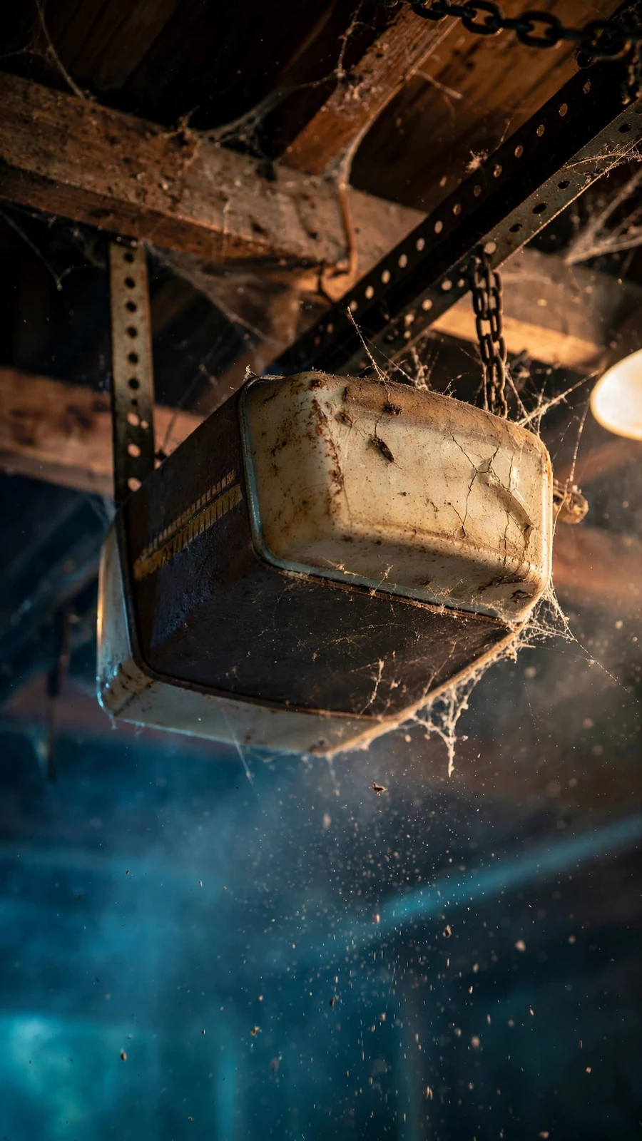 Old rusty garage opener cobwebbed ceiling right warm 2700K + blue moonlight left, click red light on vibrating dust falling, fast whip pan right to left blur landing on door track left slowly starting to lower 6 inches, teal orange grade