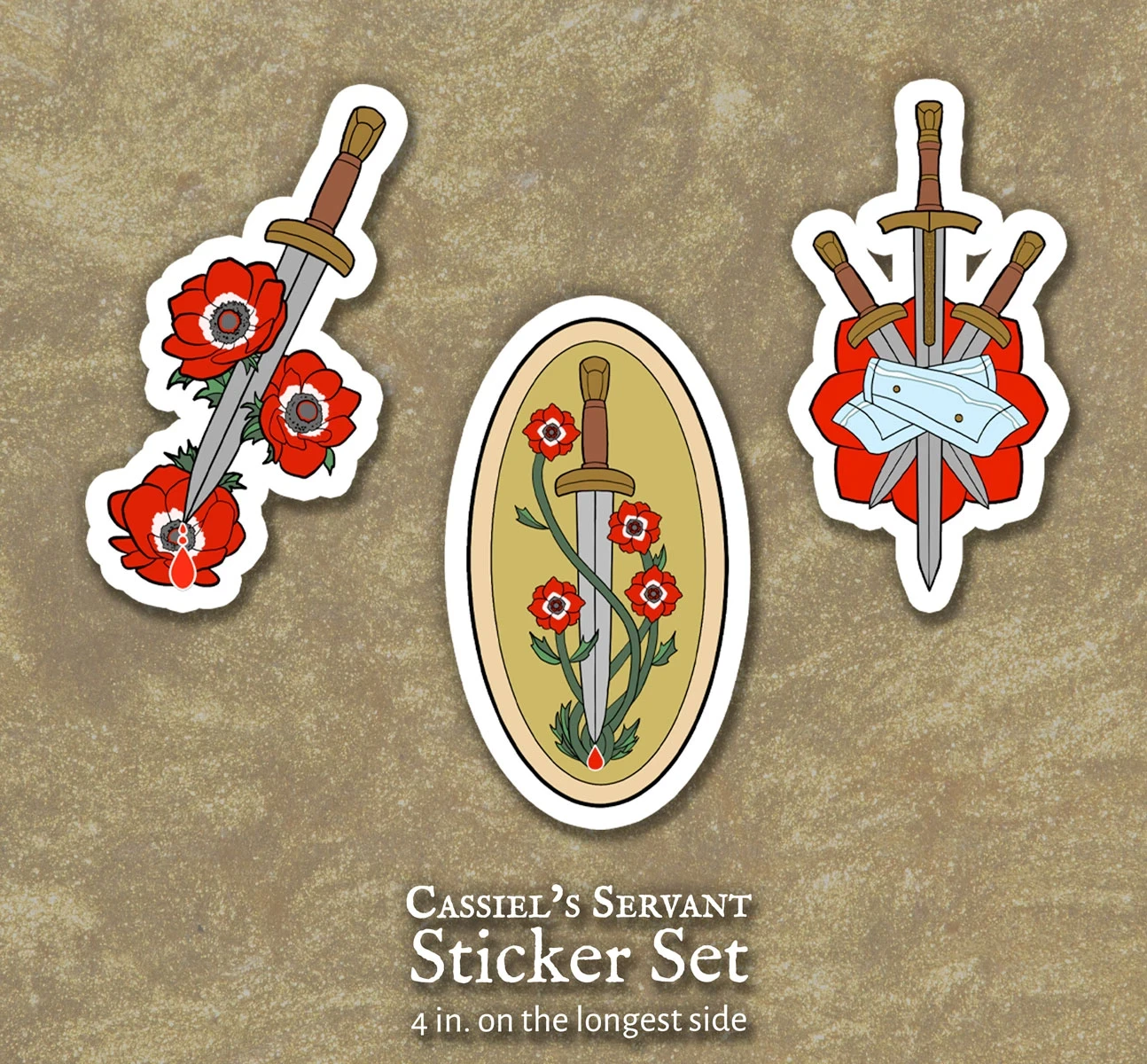Stickers inspired by "Cassiel's Servant" featuring the motifs of anemones, daggers, and bracers