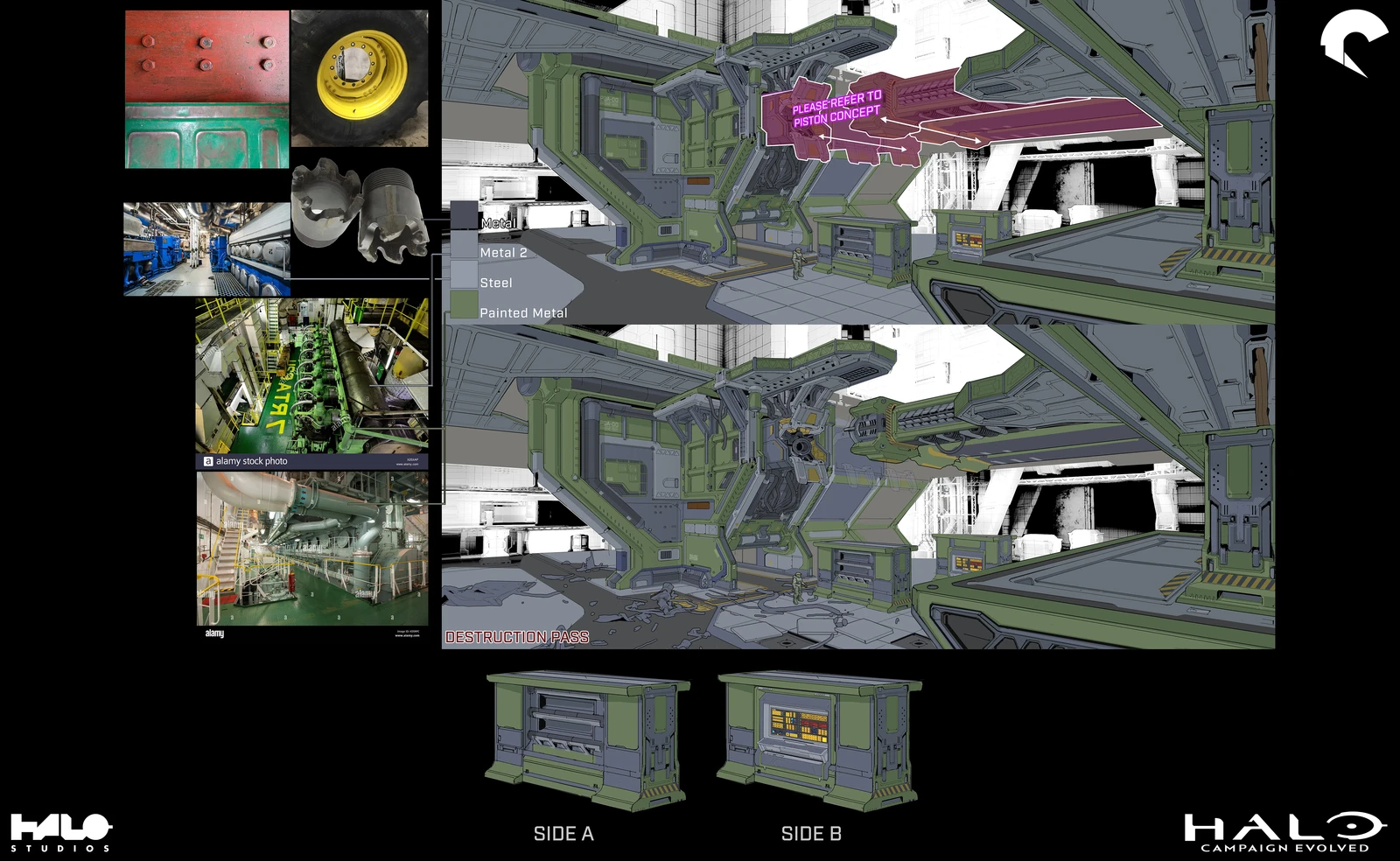 The engine room from The Maw received an updated look. I adapted some of the design directives that were given to the other parts of the Pillar of Autumn ship, as that had been figured out earlier. We wanted to give it more unique industrial look.