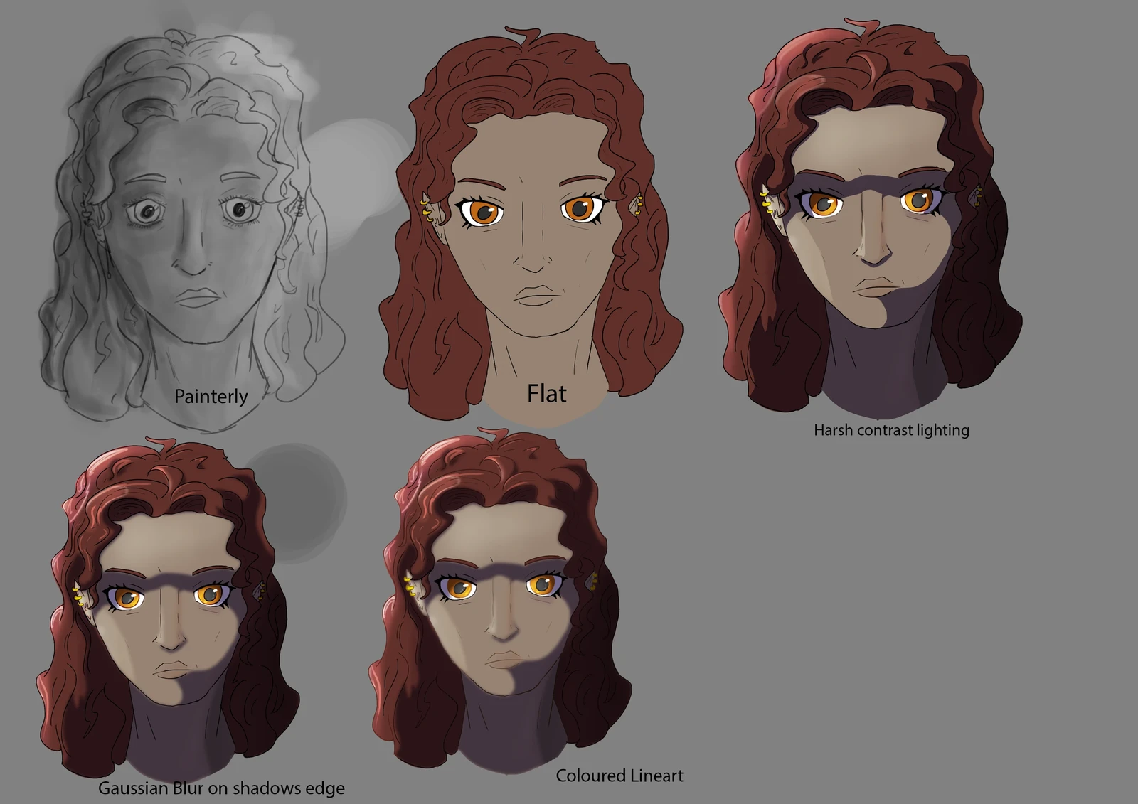 Trying and teting out new rendering methods, using the Lasso tool to add shadowed areas on the face and in the hair. These were tests prior to me giving her those massive locks of flaming hair. 